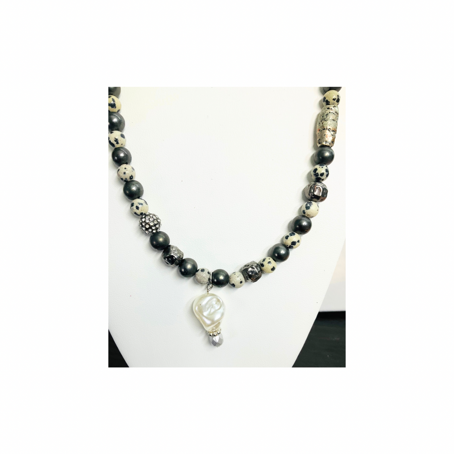 Dark Gray & Pewter Beaded 18-Inch Necklace with Pearl Drop and  Silver Toggle Fastener for Versatile Wear