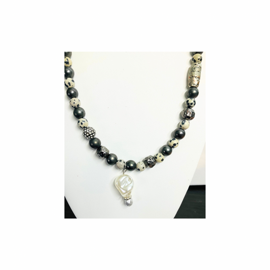Dark Gray & Pewter Beaded 18-Inch Necklace with Pearl Drop and  Silver Toggle Fastener for Versatile Wear