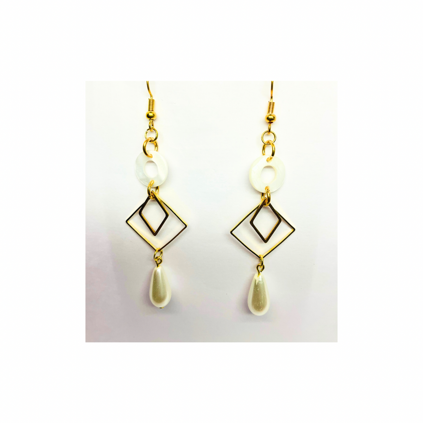 Spot Cream and Gold Collection Pearl Charm Dangle Earrings with Geometric Design and Pearl Drop Jewelry