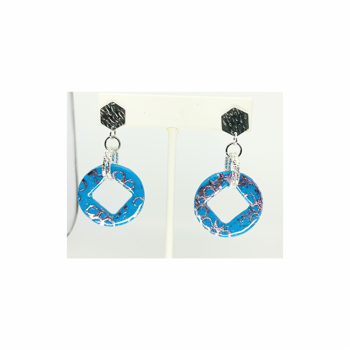 Azure Blue and Purple with Silver Hexagon Stud Dangle Earring-Crafting By BB