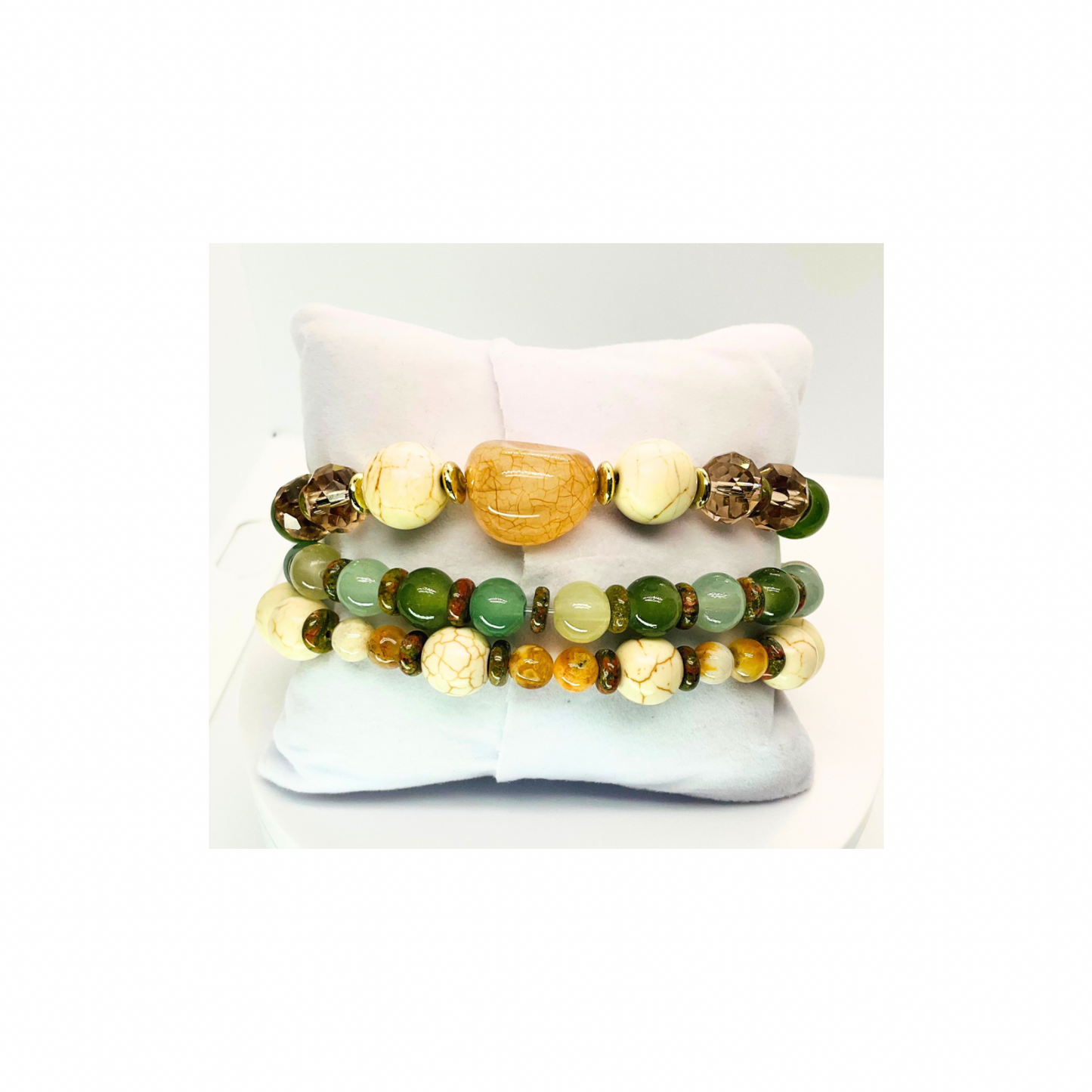 Cream and Green Set of Three Stretch 7-Inch Beaded Bracelet Set with Unique Bead Designs for Everyday Wear