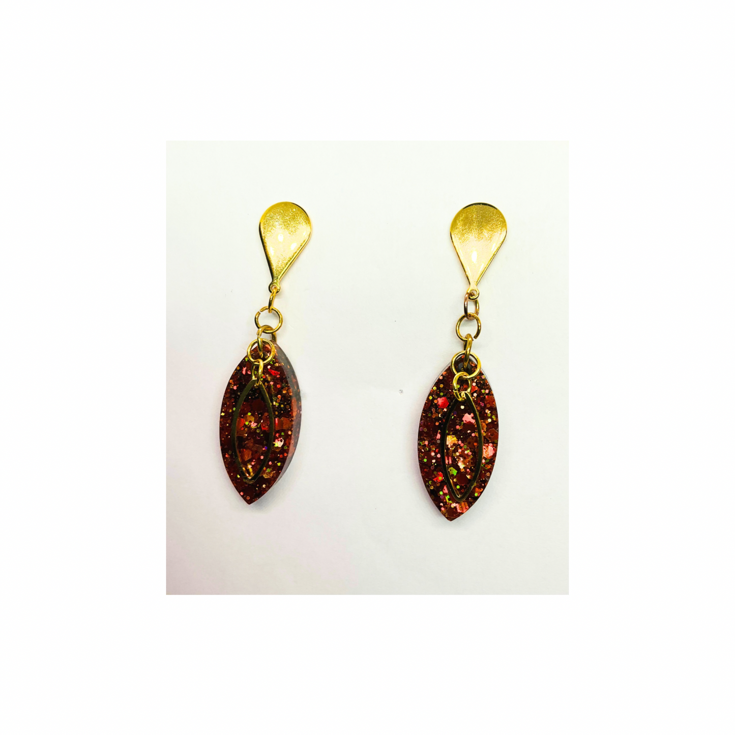 Gold Sparkle Stud Dangle Earrings - Handmade Gold Resin Teardrop with Chunky Glitter & Embellishment
