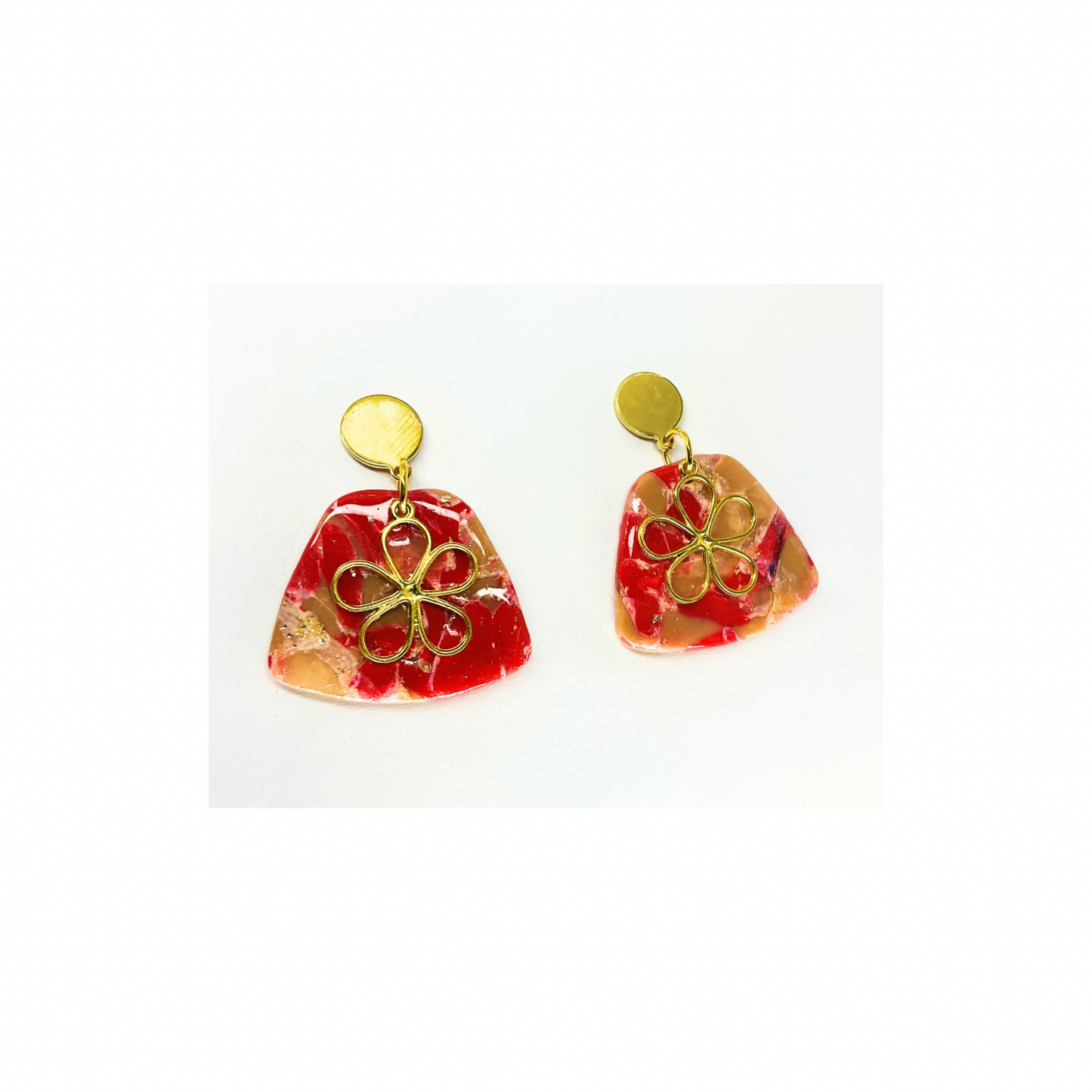Red and Tan Dangle with Gold Charm and Gold Button Stud Earrings-Crafting By BB