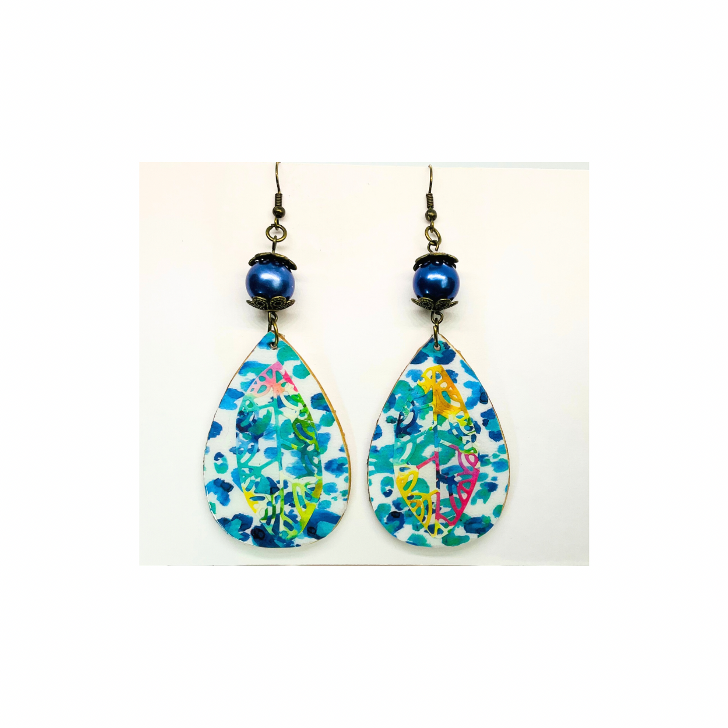 Boho Floral Teardrop Earrings Handmade Wood & Decoupage Layered Flower Cardstock Pearl Blue Bead Bronze Accents Boho Style Jewelry