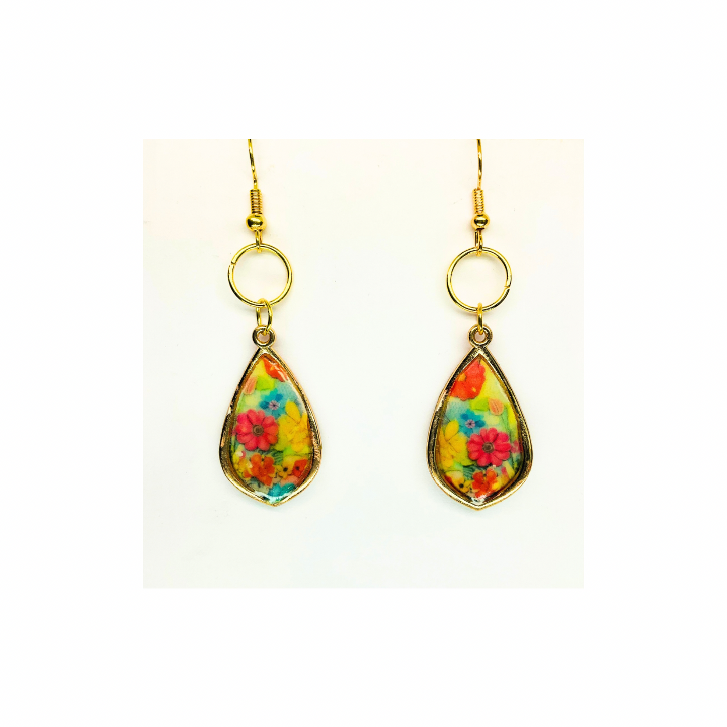 French Garden Collection Gold Teardrop Floral Dangle Earring with Vibrant Multicolor Flowers and Elegant Gold Finish