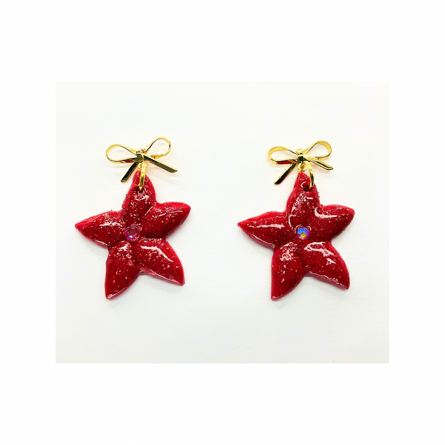 Red Sparkle Poinsettia with Gold Bow Stud Dangle Earrings for Festive Wear