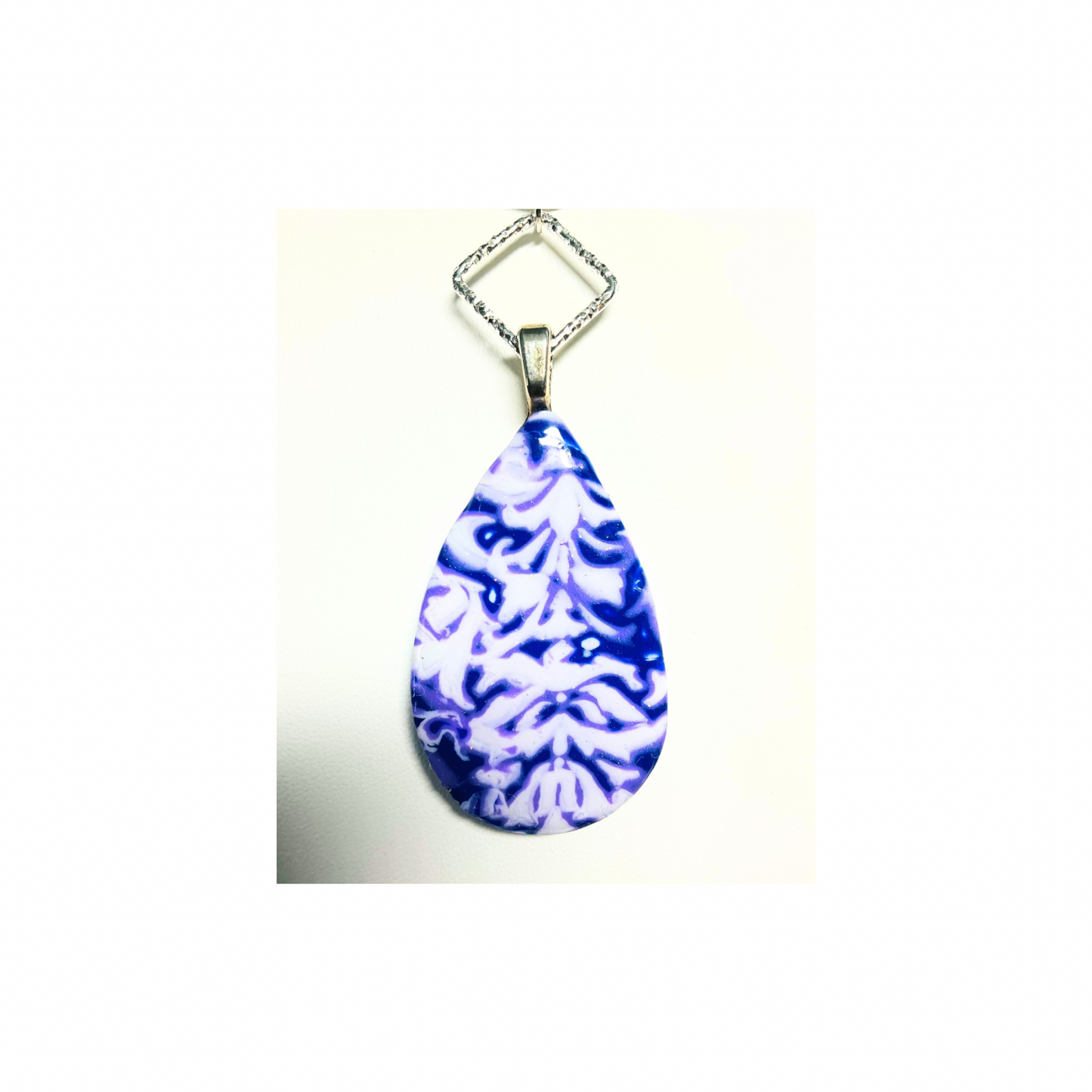 Purple Natasha Technique Necklace Handmade Polymer Clay Teardrop Pendant on 18-inch Silver Chain UV Resin Finish