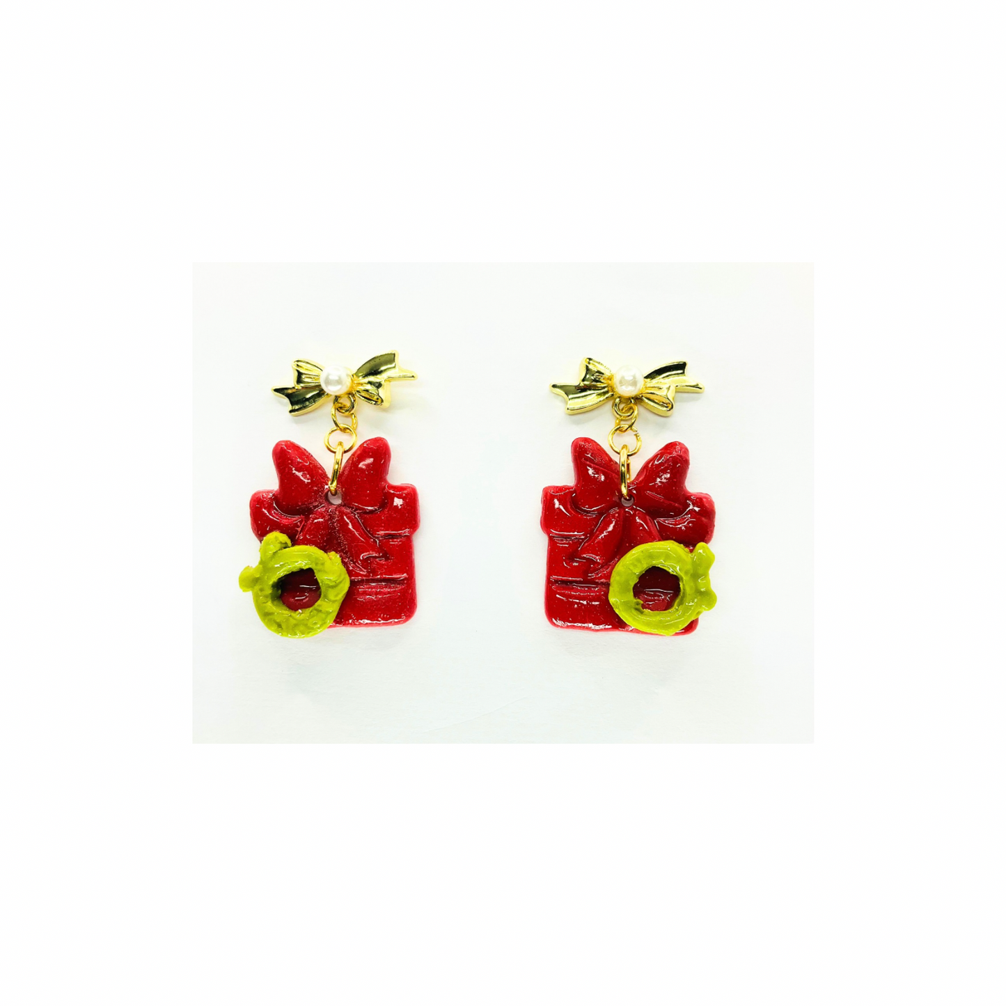 Christmas Gift Earrings: Red Present with Gold Bow, Holiday Dangles