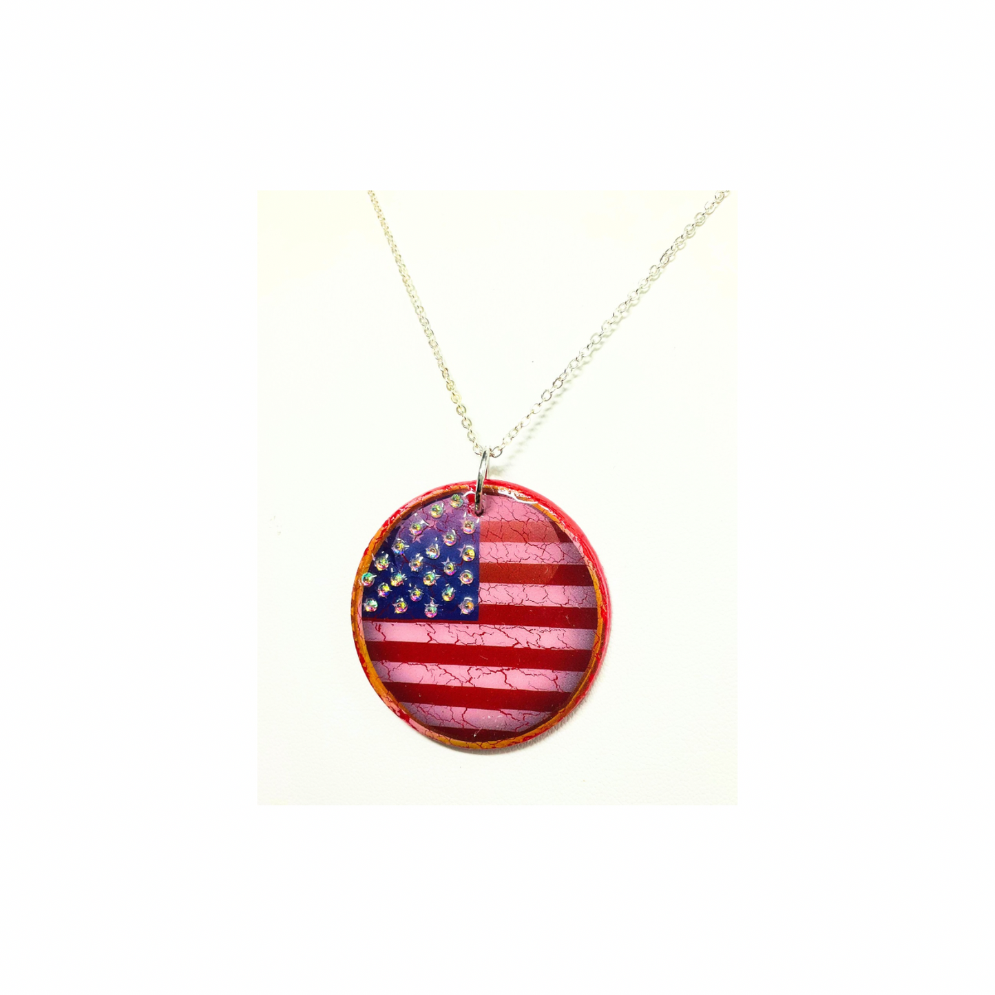 Patriotic Red White and Blue Round Pendant Necklace with Rhinestone Stars Handmade Polymer Clay UV Resin 18 Inch Silver Chain