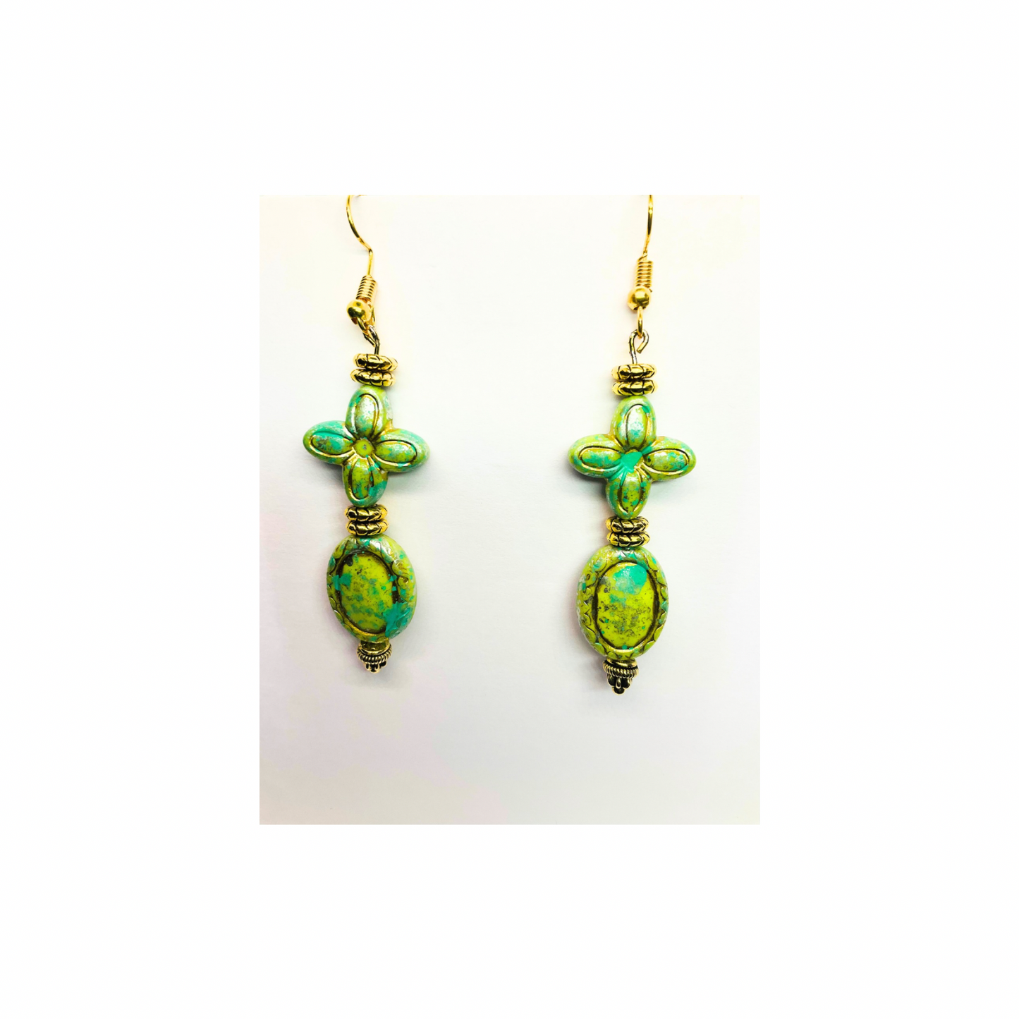 Green and Gold Czech Acrylic Vintage Blossom Bead Earrings