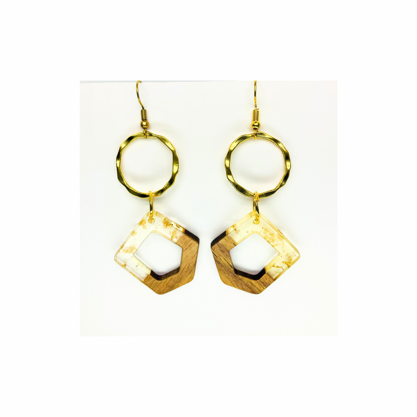 Boho Wood Collection Dangle Earrings - Gold-Tone Geometric Design with Circular Hoops and Square Pendants