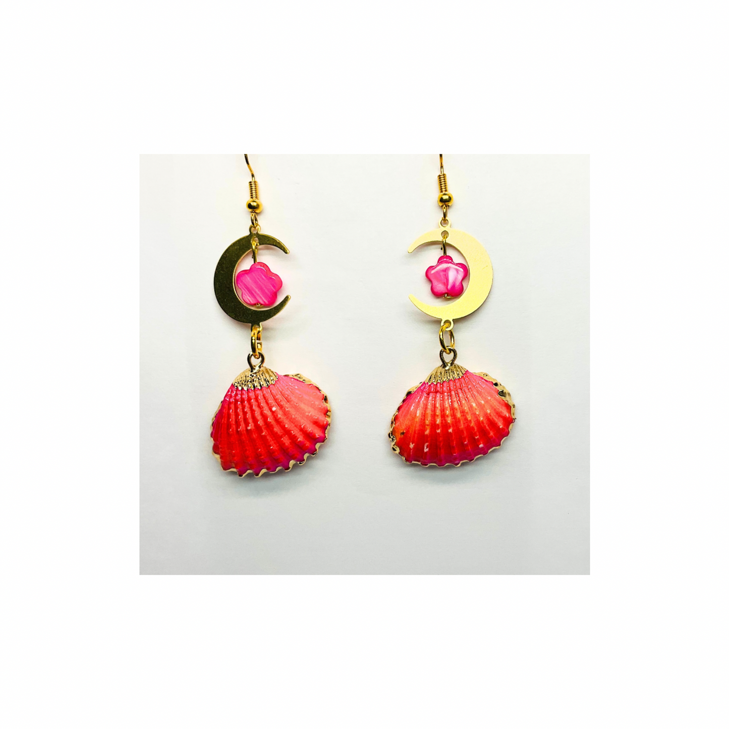 Pink Shell Collection Pink and Orange Shell with Gold Half-Moon Dangle Earrings for Women Elegant Design Versatile Appeal