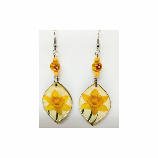 Yellow Flower Wood Dangle with Bead Embellishment Earrings-Crafting By BB