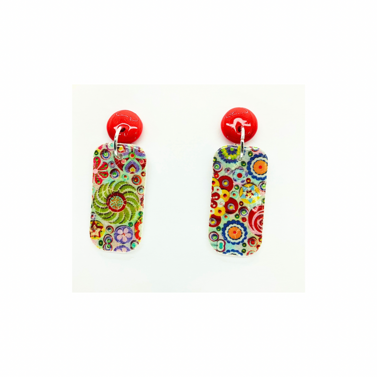 Whimsical Red and Green Rectangle Dangle with Red Button Stud Earrings for Festive Outfits
