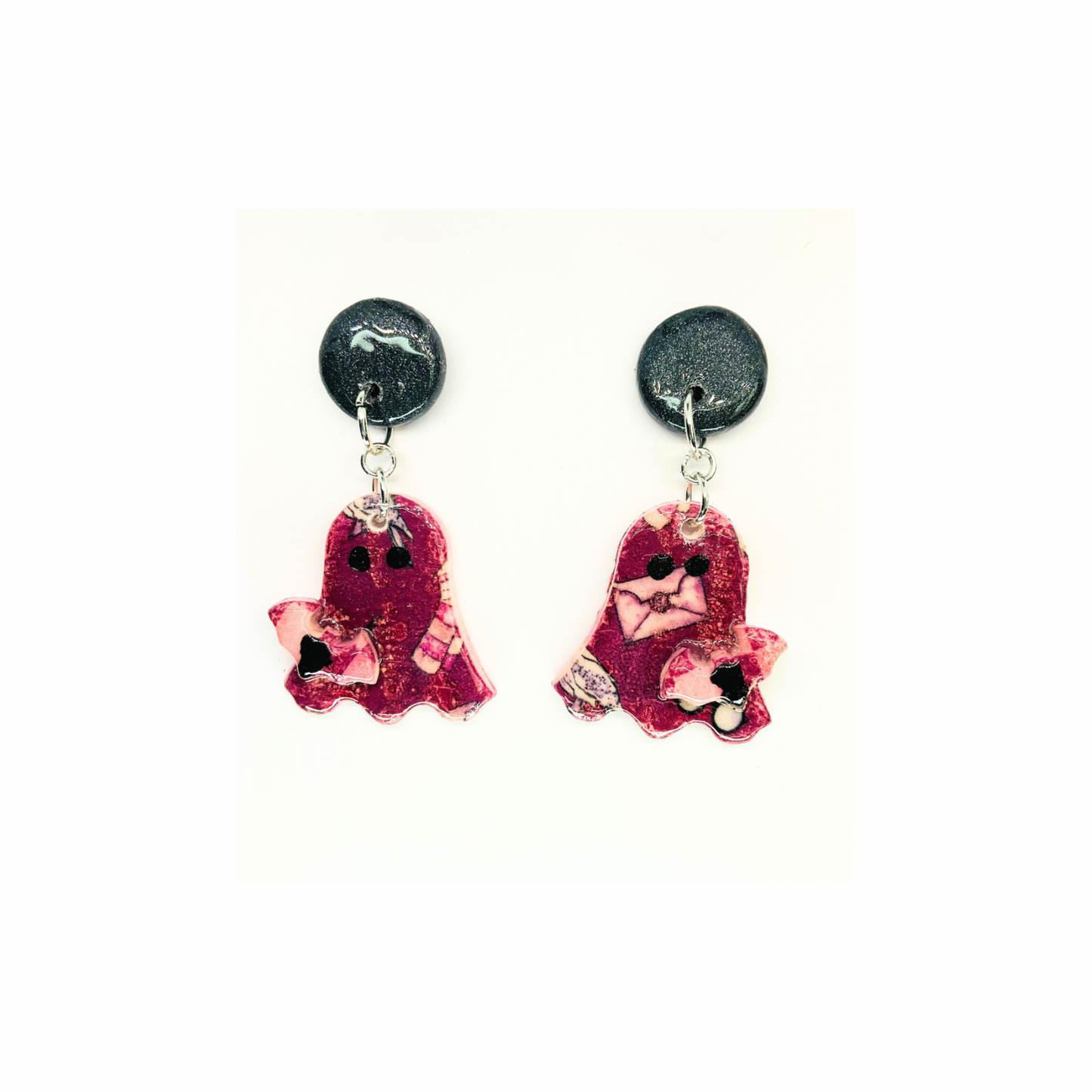 Wizard Collection Ghost Dangle with Bat Stud Earrings for Female - Pink Design with Bat