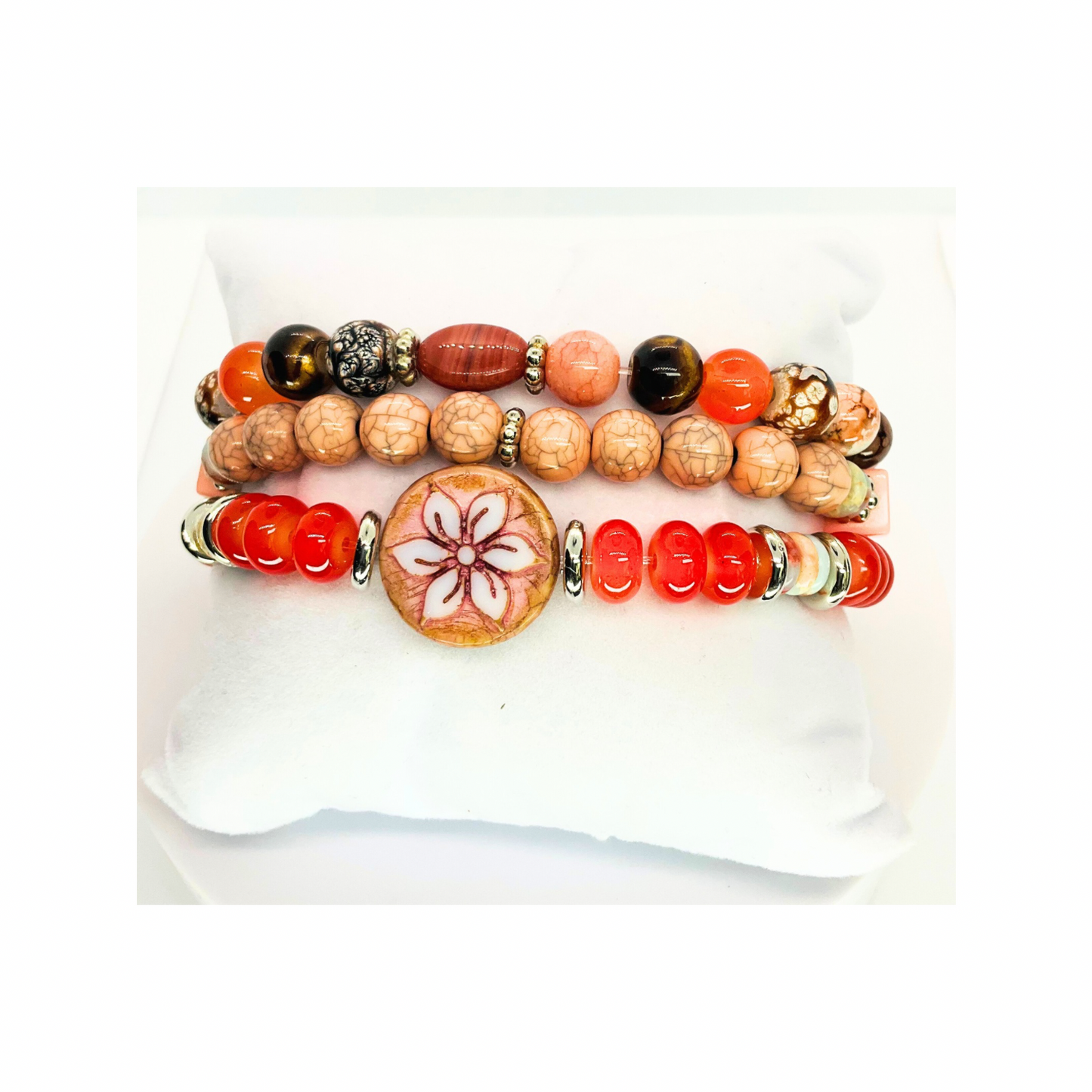 Coral Stacked Stretch Beaded Set of Three Bracelets with Natural Coral Beads for Stylish and Comfortable Wear