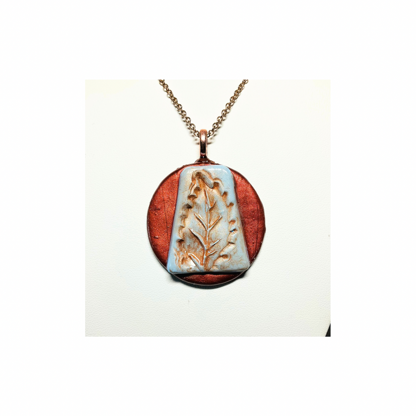 Layered Copper and Blue Leaf Stamped Pendant with  Bronze Chain Necklace