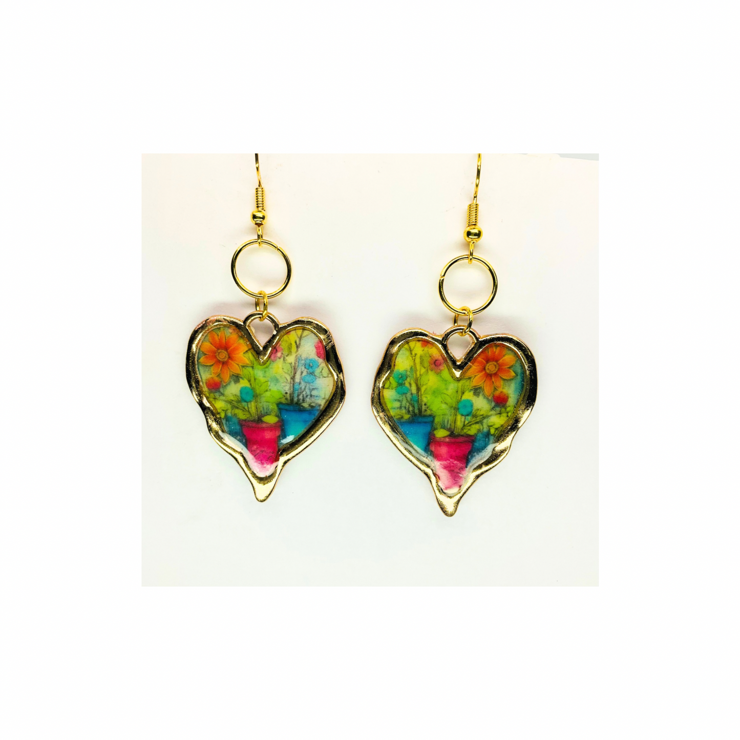 French Garden Collection Gold Heart Dangle Earrings with Vibrant Multicolor Design and Gold Tone Hooks