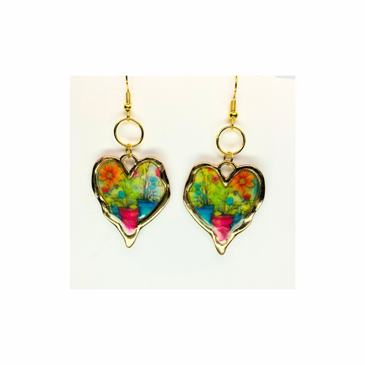 French Garden Collection Gold Heart Dangle Earrings with Vibrant Multicolor Design and Gold Tone Hooks