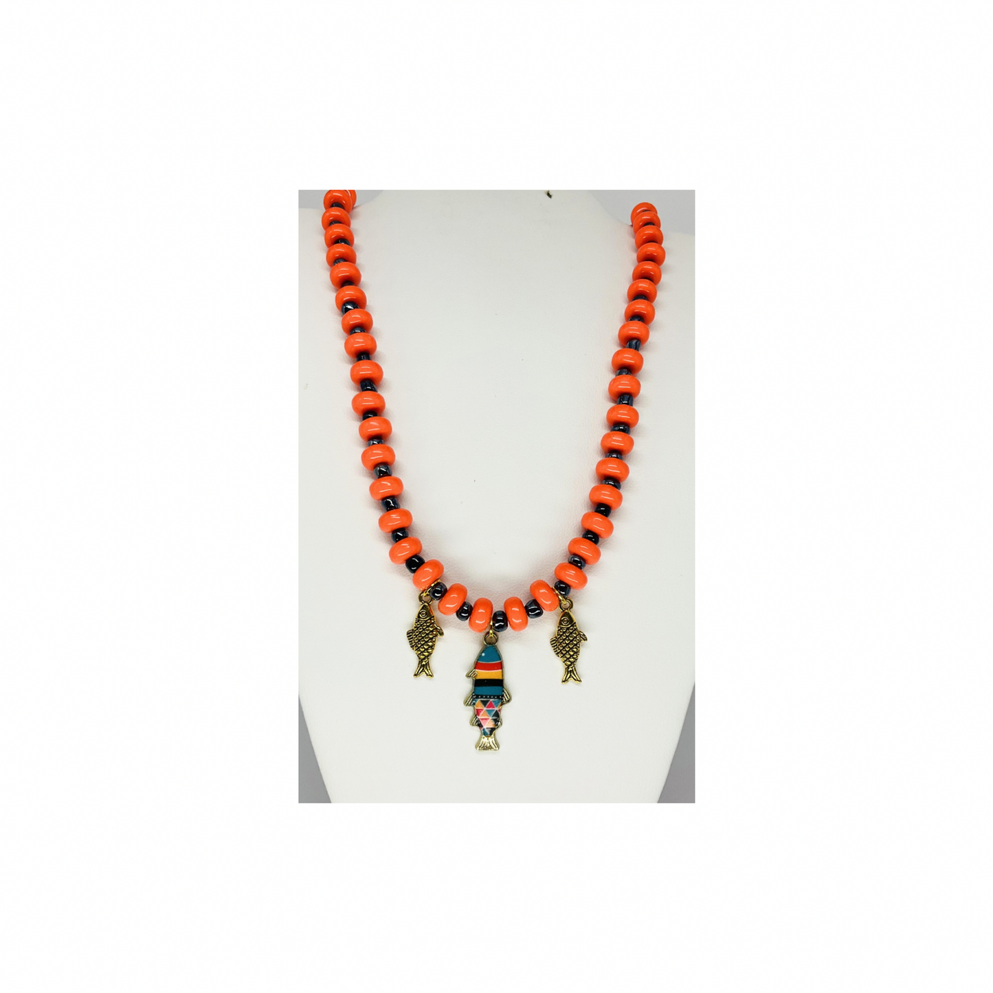 Orange and Dark Navy Beaded Fish Necklace | 18-inch | Crafting By BB
