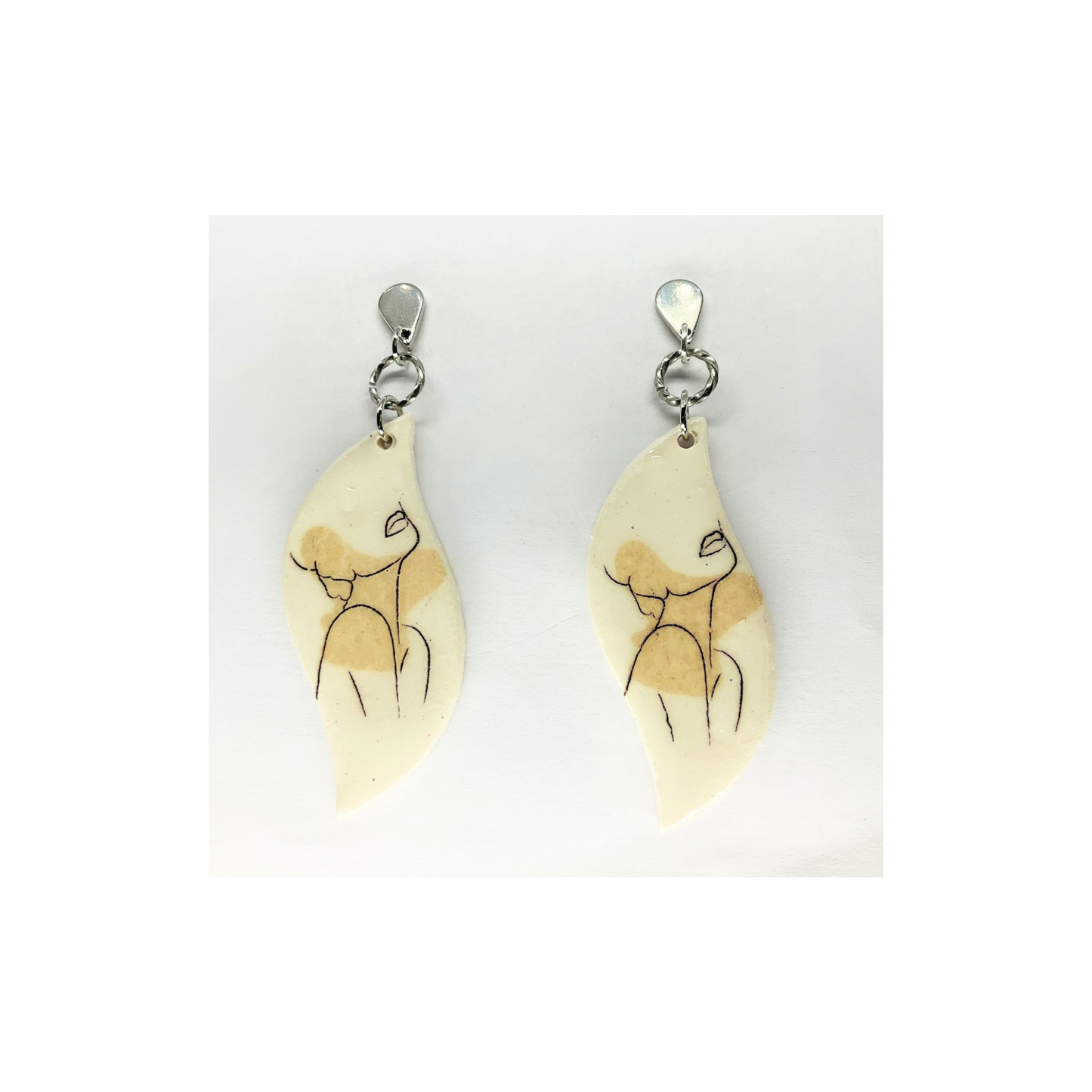 Woman Face Line Art Dangle with Silver Teardrop Stud Earrings-Crafting By BB