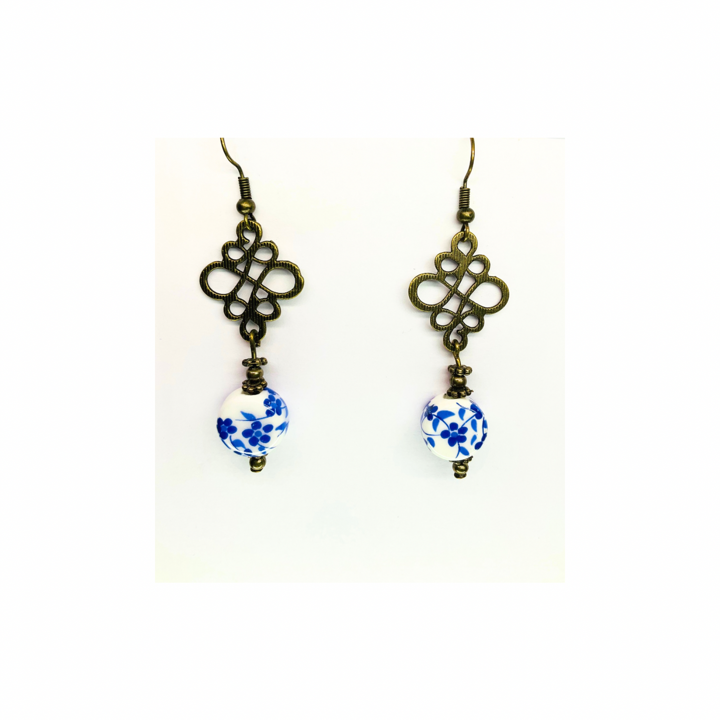 Porcelain Bead Collection Romantic Blue Flower Dangle Earrings for Female with Unique Design