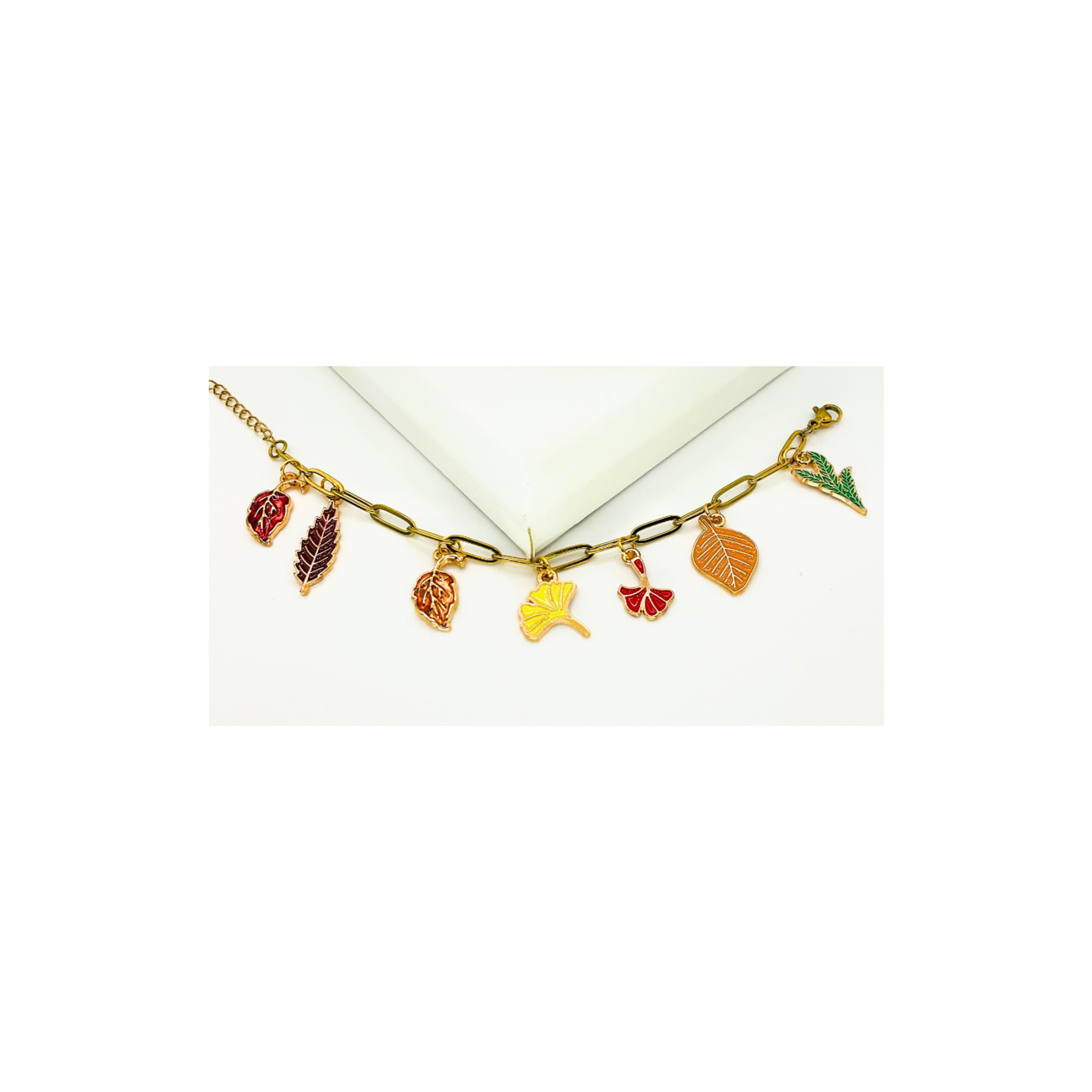 Fall Collection Charm 18-Inch Paperclip Necklace and Bracelet Set with Vibrant Leaf Charms for Seasonal Style