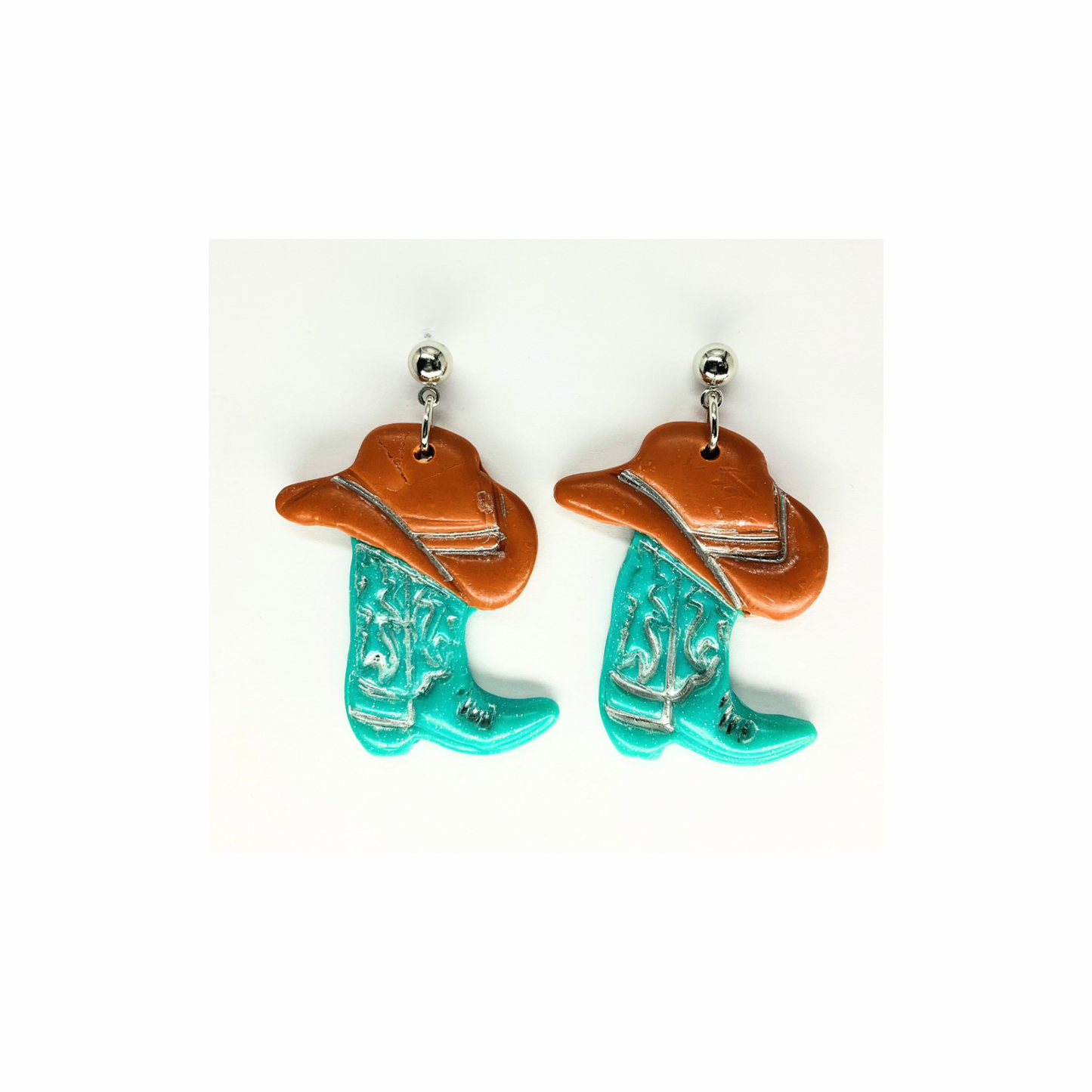 Turquoise Boots and Brown Hat with Silver Ball Stud Dangle Earrings-Crafting By BB