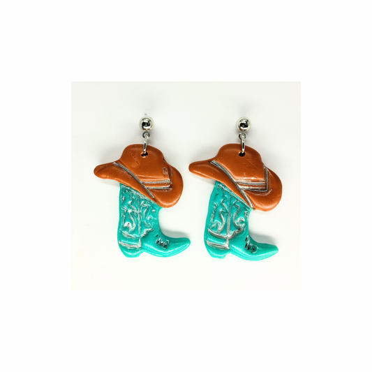 Turquoise Boots and Brown Hat with Silver Ball Stud Dangle Earrings-Crafting By BB
