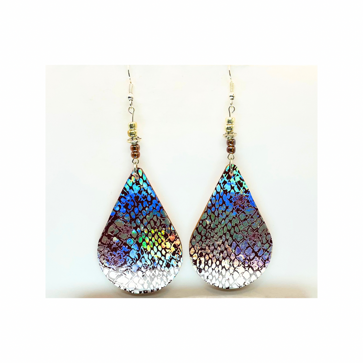 Silver and Brown Snake Skin Lightweight Wood Dangle Earrings