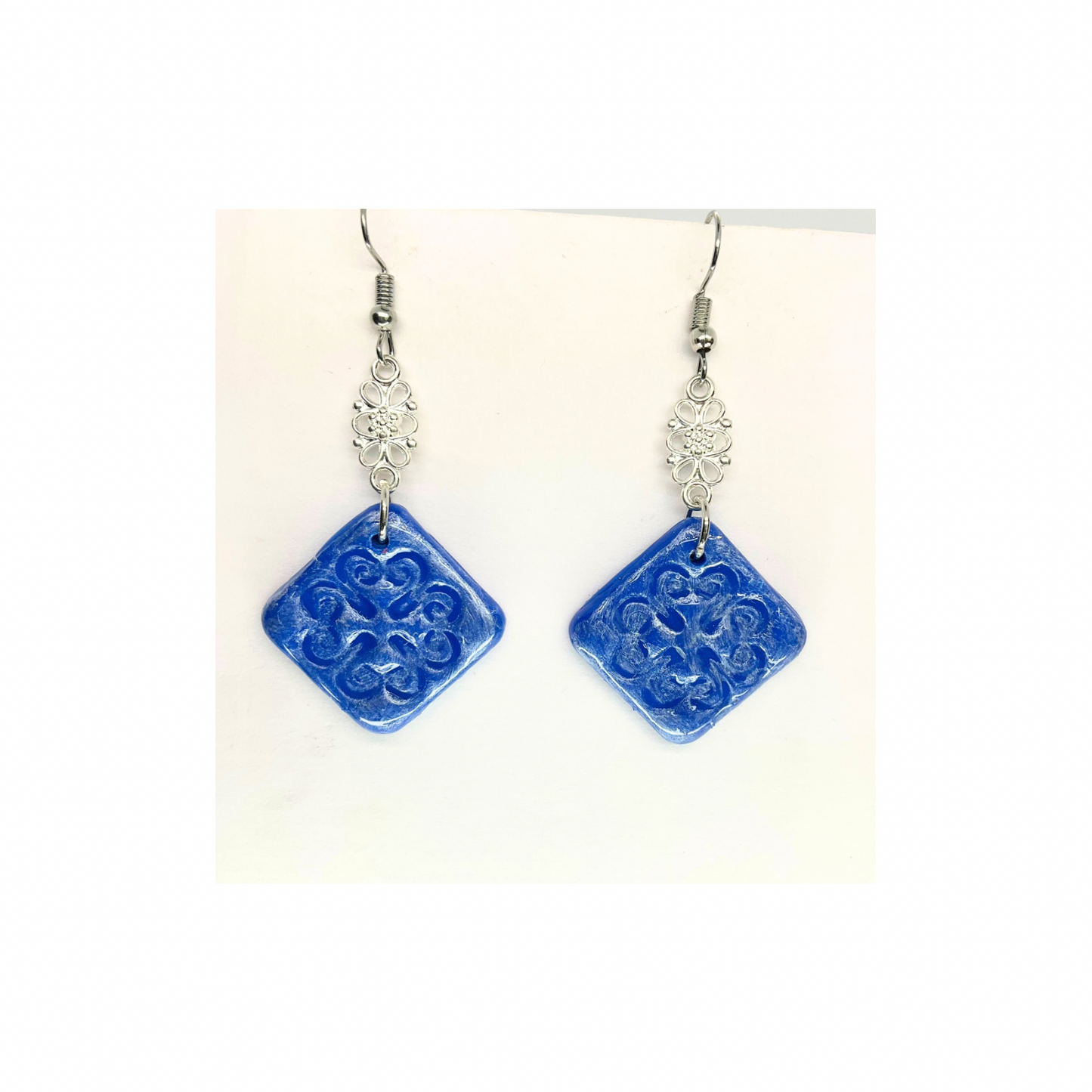 Blue Tile 131 with Silver Charm Dangle Earrings - Unique Design Jewelry Piece