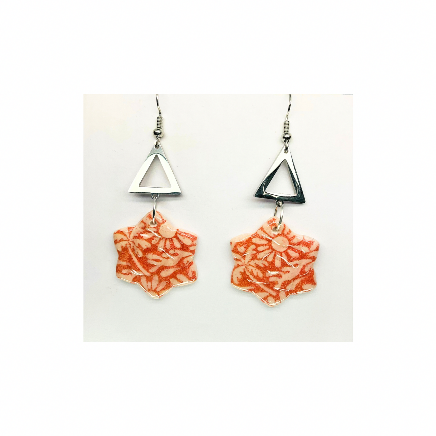 Beach Bloom Collection Salmon Star Shape Dangle Earrings with Orange Floral Design and Silver Triangle Top