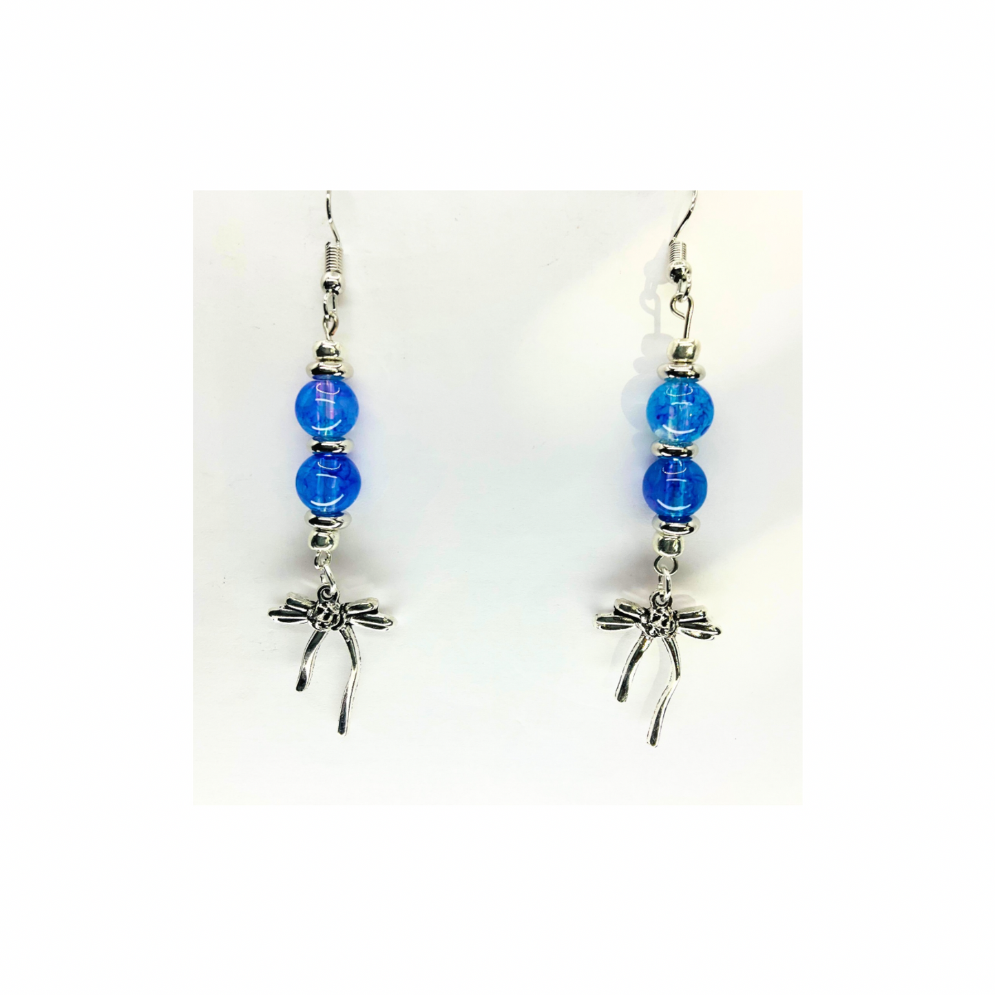 Blue Crystal Glass Bead Dangle Earrings with Silver Bow