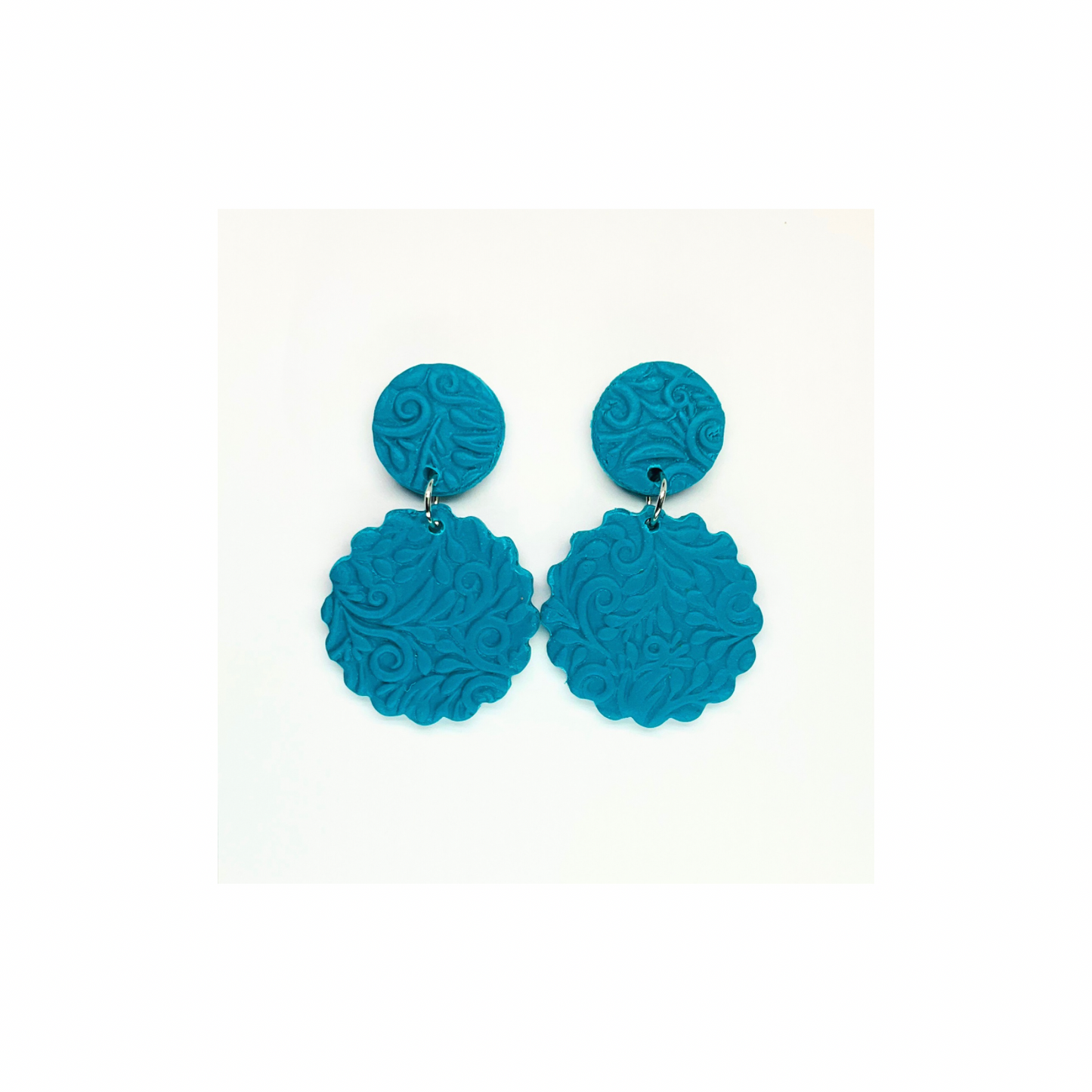 Crystal Teal Textured Circle Stud Dangle Earrings with Intricate Floral Design for Women's Fashion