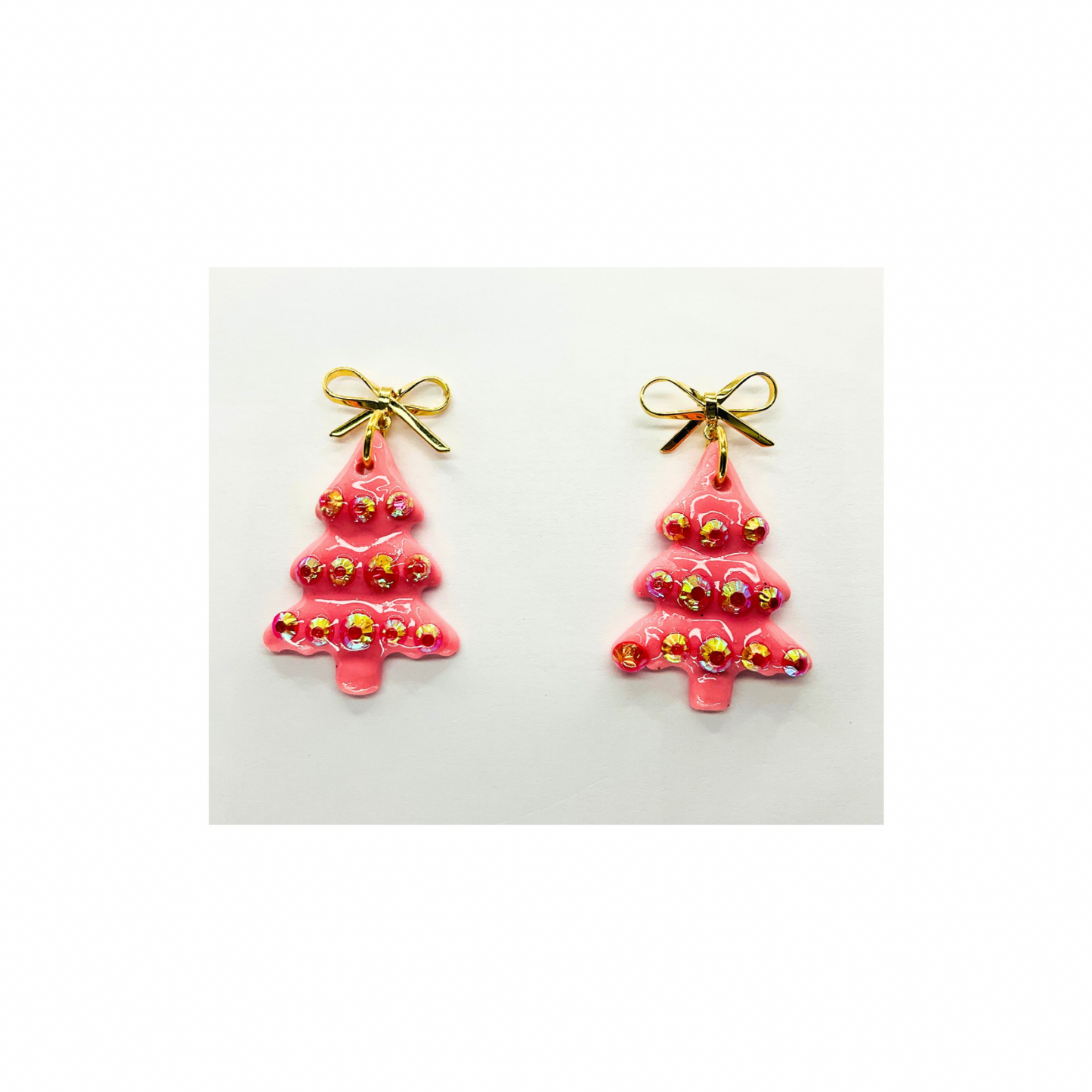Pink Rhinestone Tree with Gold Bow Stud Dangle Earrings for Festive Wear