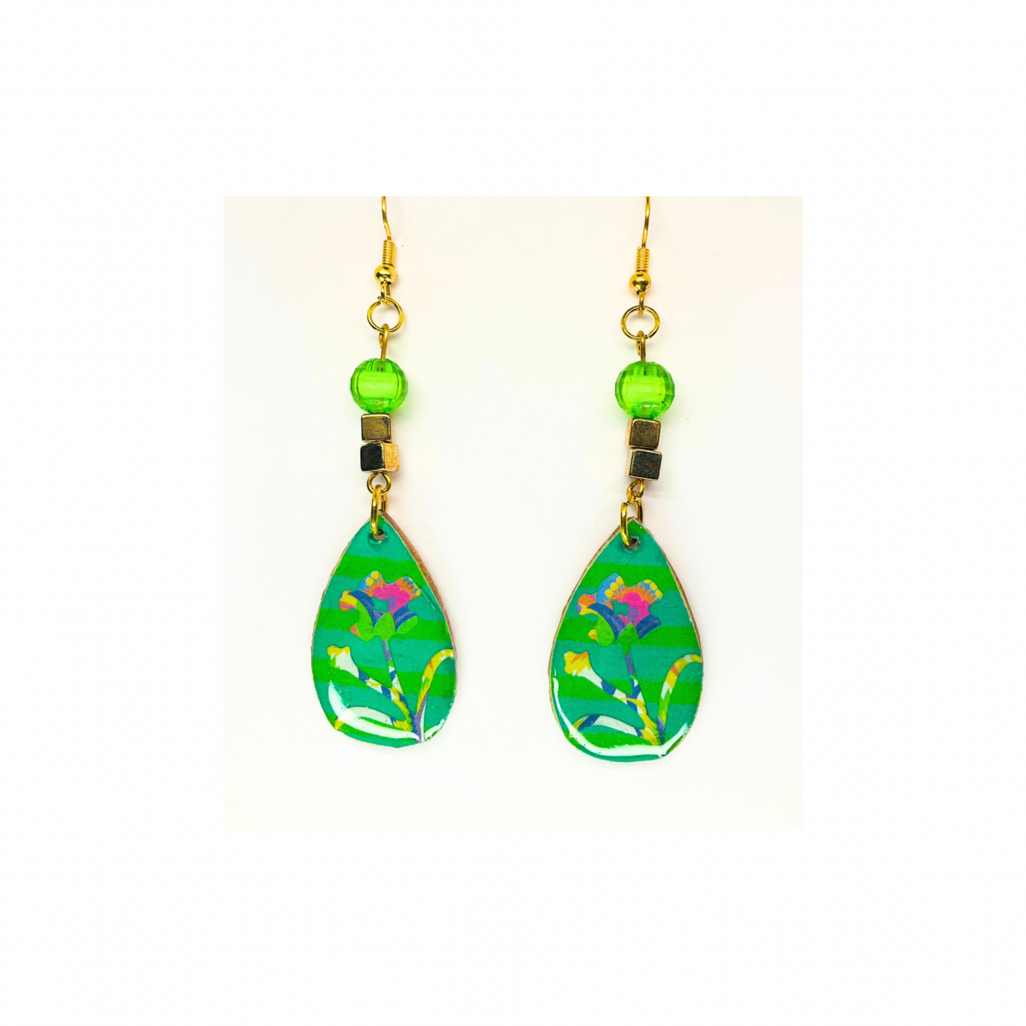 BOHO Wood Dangle Teardrop Earring Handmade with Flower Motif & Green Bead Top Quality Handcrafted Jewelry