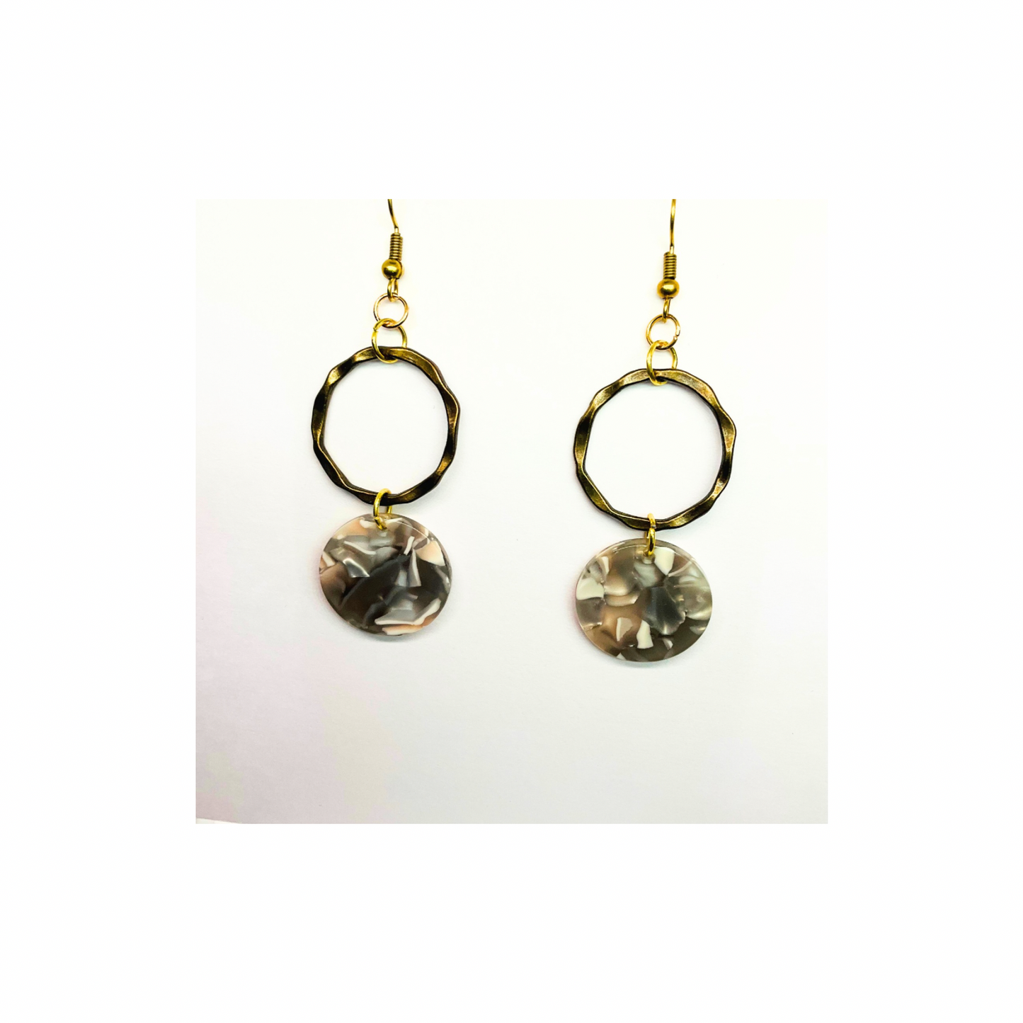Tortoise Collection Gray and Beige Circle Gold Dangle Earring with Unique Tortoise Shell Design