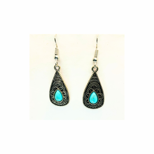 Western Style Silver Teardrop Faux Turquoise Drop Earring