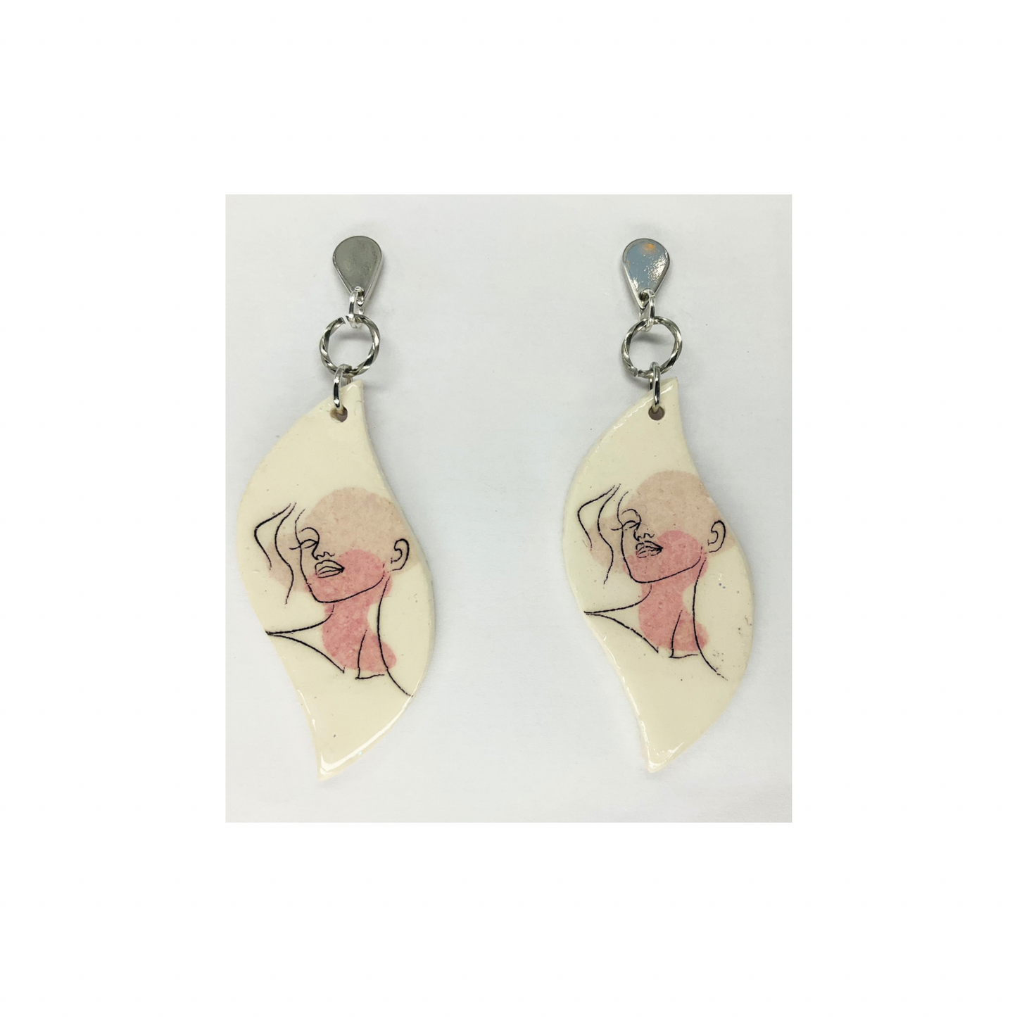 Woman Face Line Art Dangle with Silver Teardrop Stud Earrings-Crafting By BB