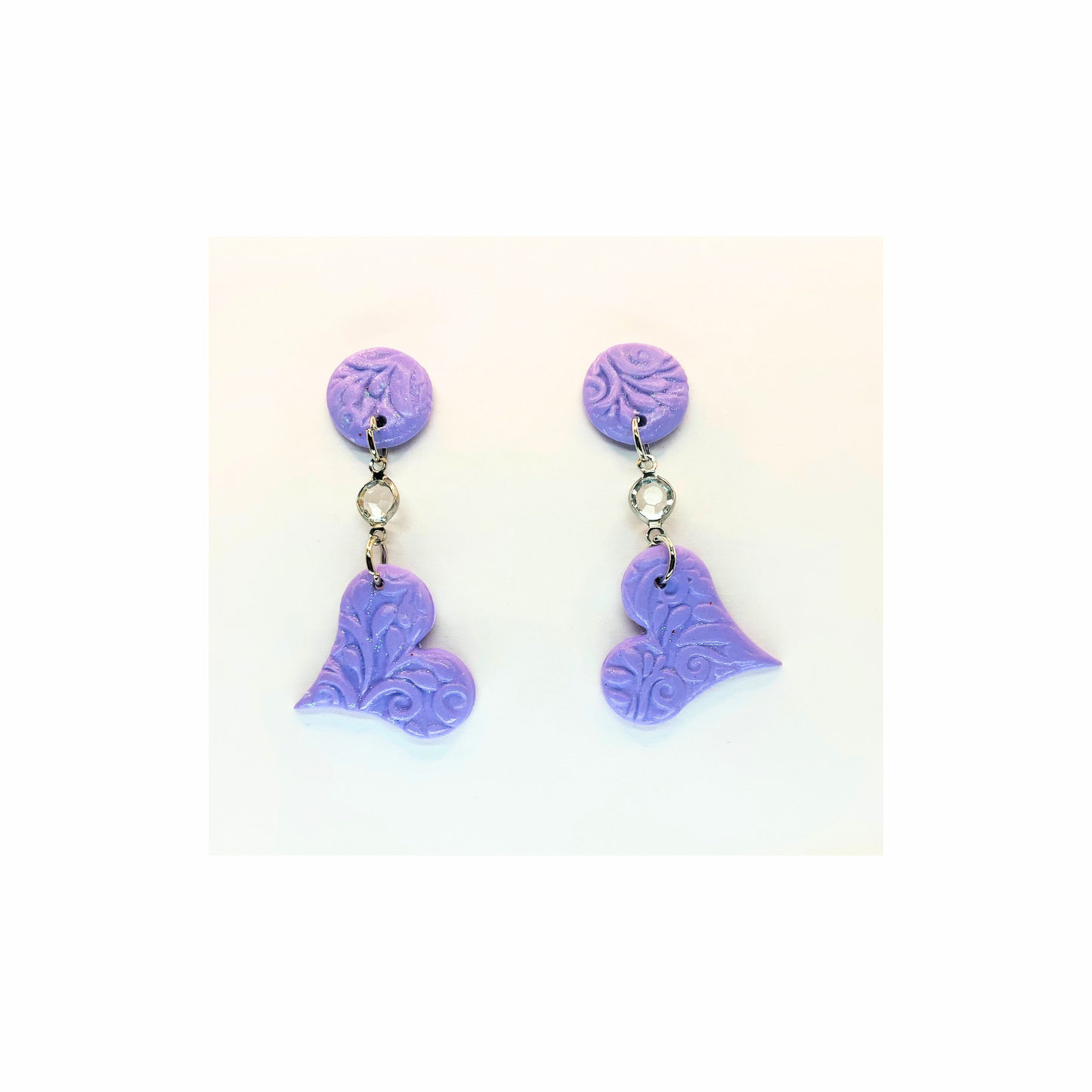 Purple Heart Dangle with Rhinestone and Button Stud Earrings