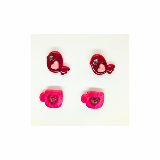 Pink Heart Birdie and Pink Cup Stud Earrings-Crafting By BB