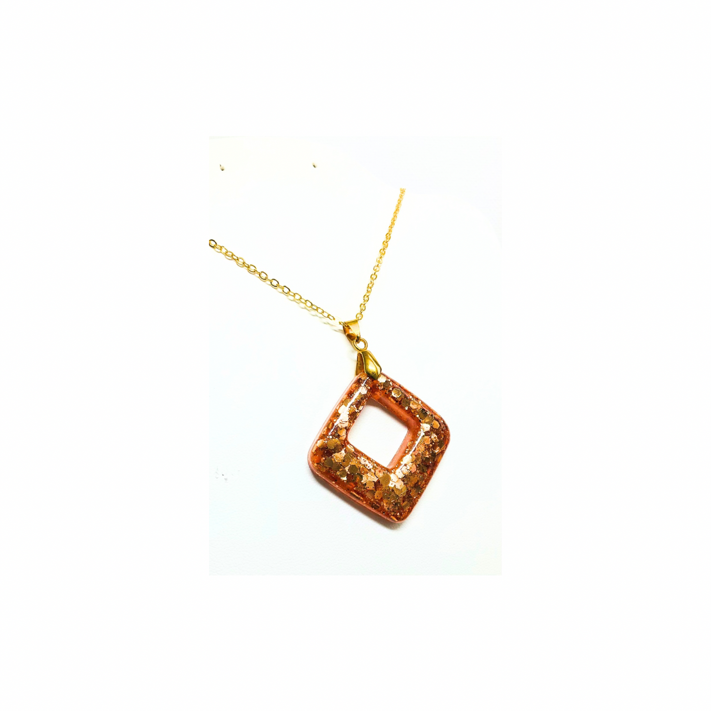 Copper Sparkle Square Resin Pendant Necklace with Gold Bail & 18-inch Chain Handmade Unique Style Jewelry