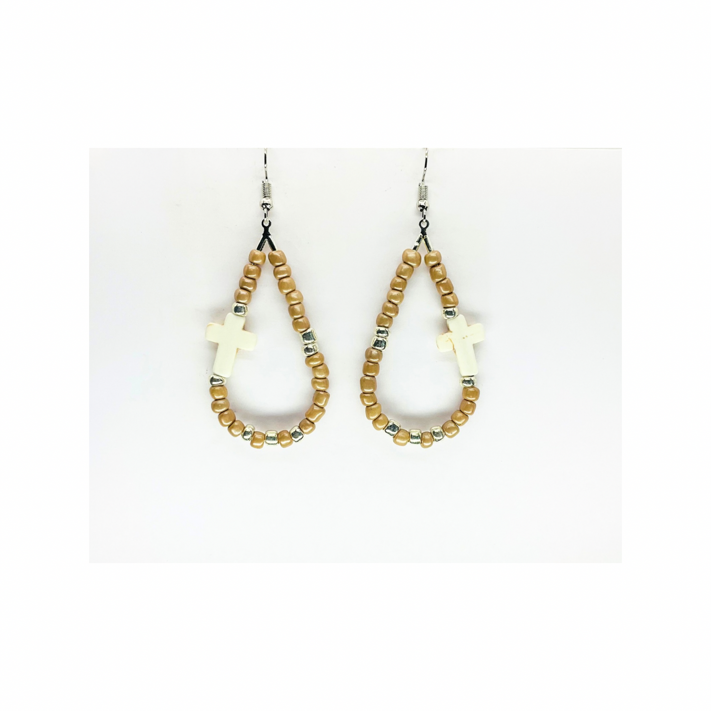 Tan Beaded Teardrop Dangle with Cream Cross, Boho Jewelry
