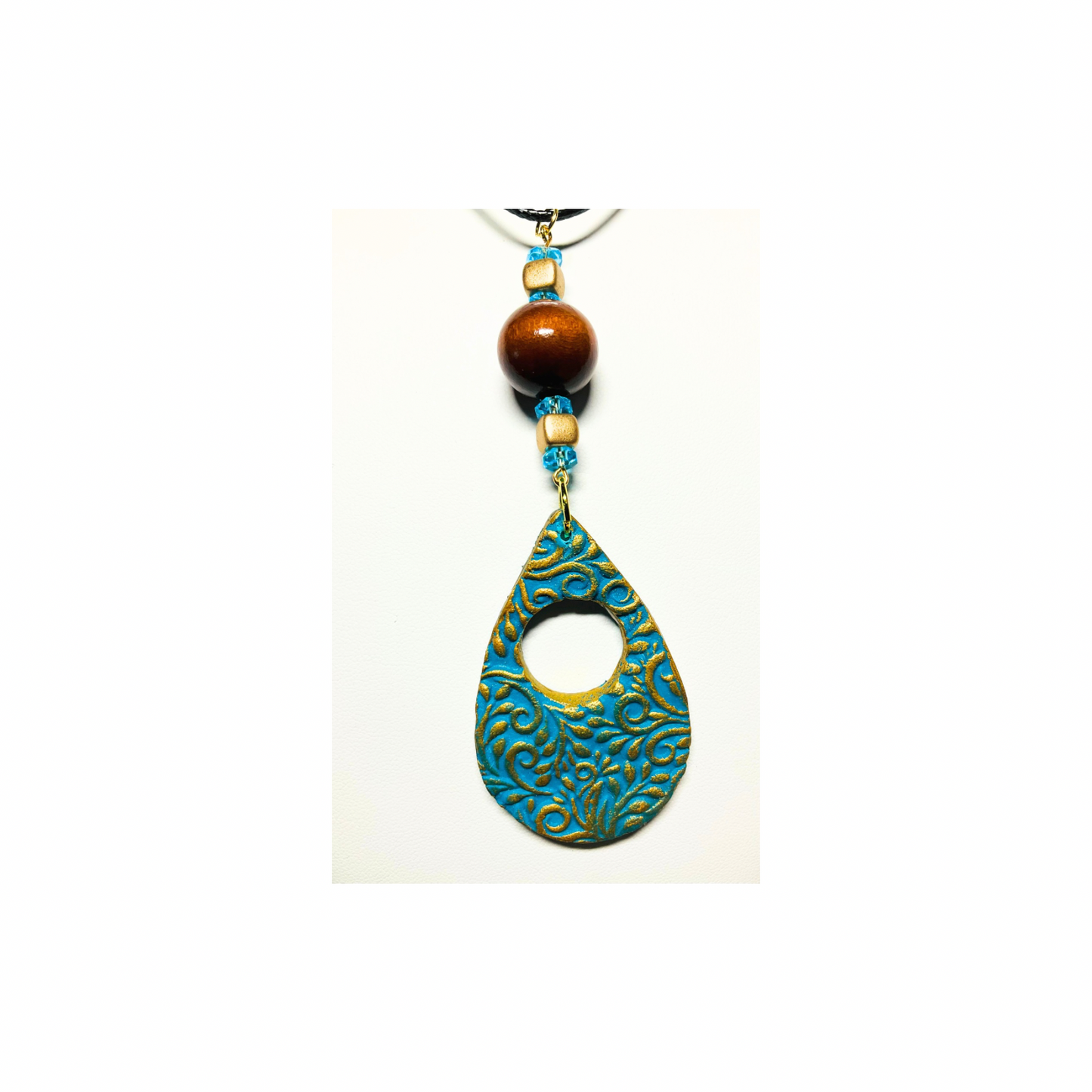 Turquoise and Gold Teardrop Pendant Beaded 18-inch PU Leather Necklace with Intricate Design and Beads