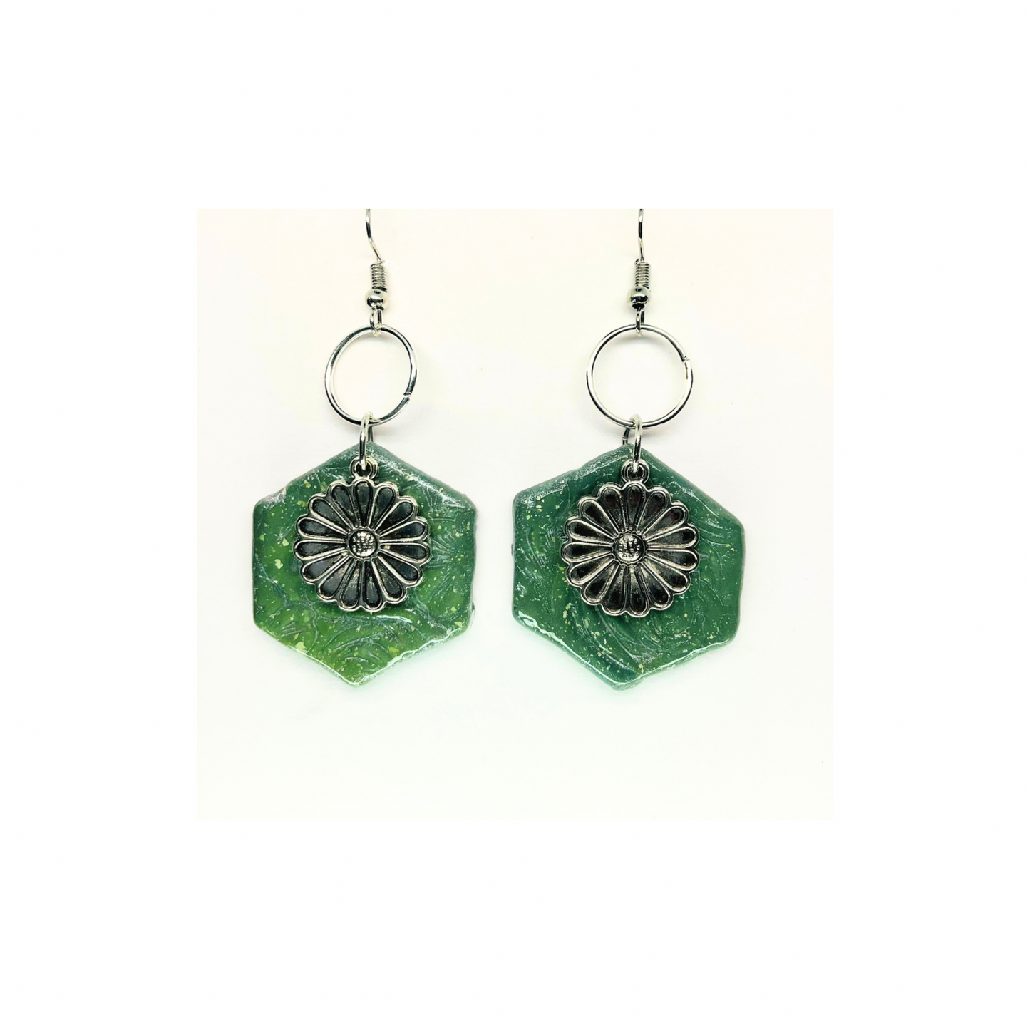 Jade Green Color Hexagon Shaped with Silver Flower Charm Dangle Earrings for Female Jewelry Accessories