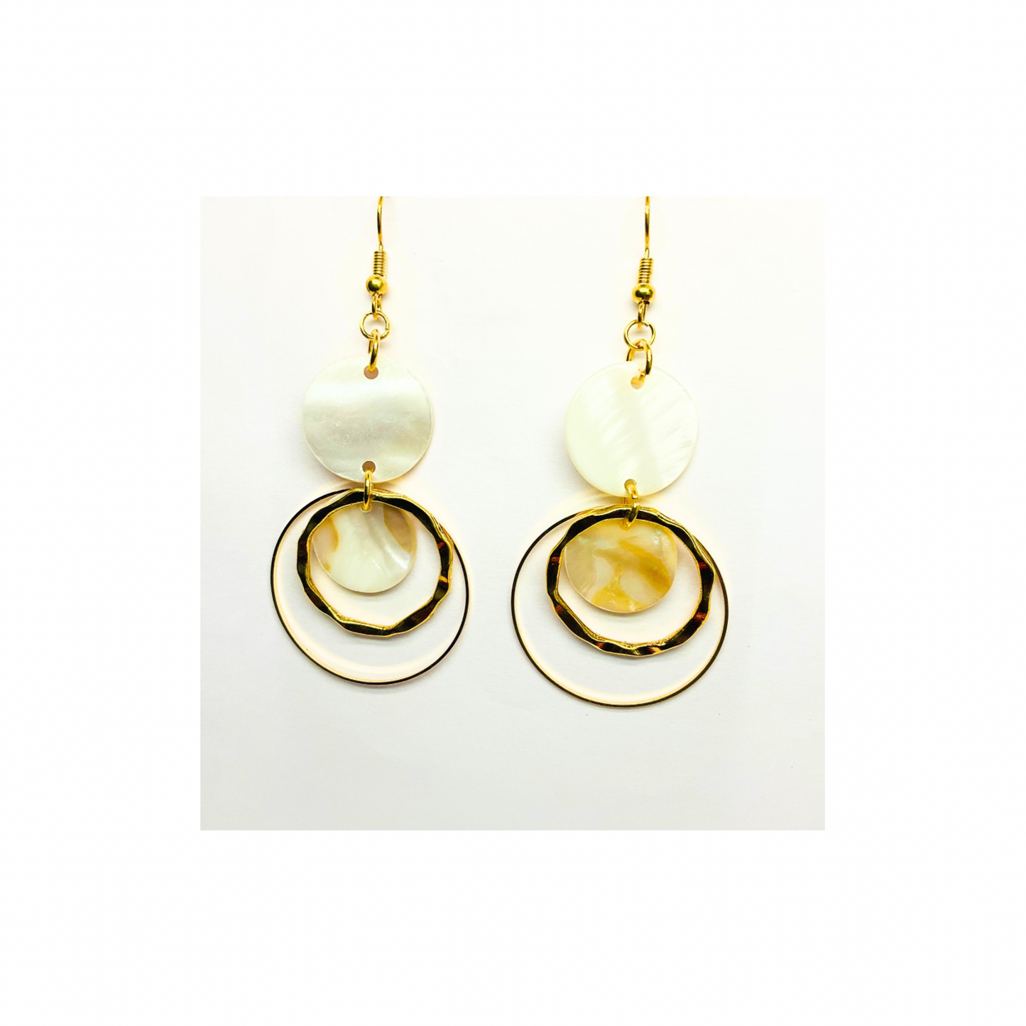 Spot Cream and Gold Collection Circle Dangle Earrings with Unique Design Elements