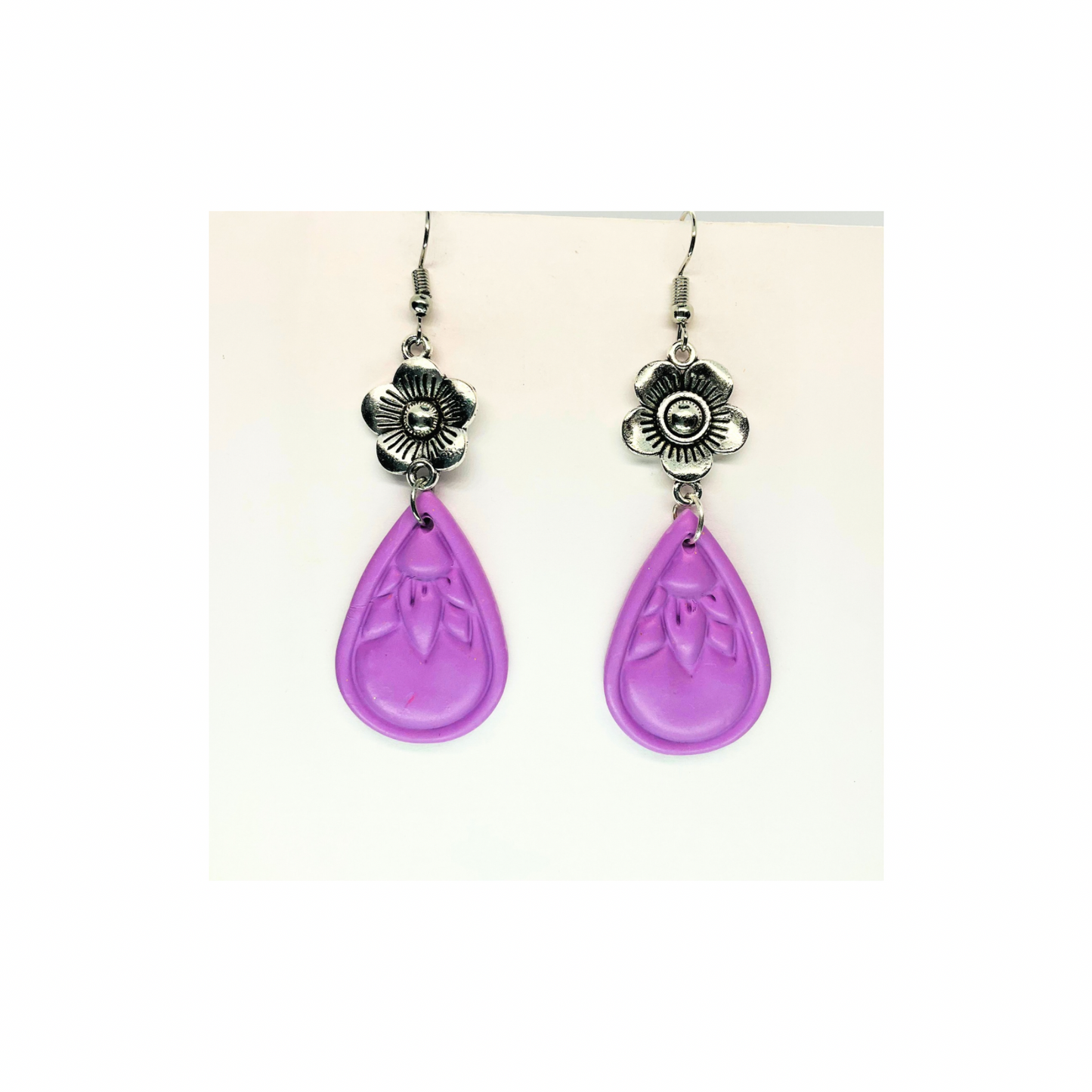 Purple Sunflower Teardrop Silver Flower Dangle Earrings with Unique Design and Colorful Teardrop Shape