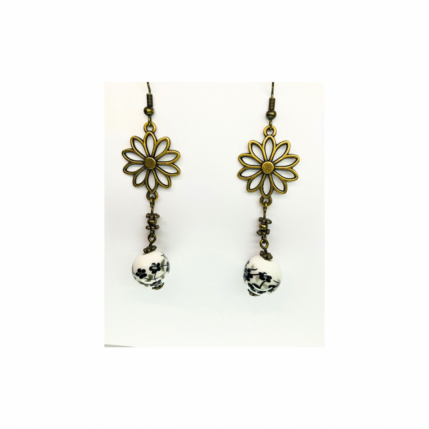 Porcelain Bead Collection Daisy Bronze Dangle Earrings with Floral Design and Porcelain Beads
