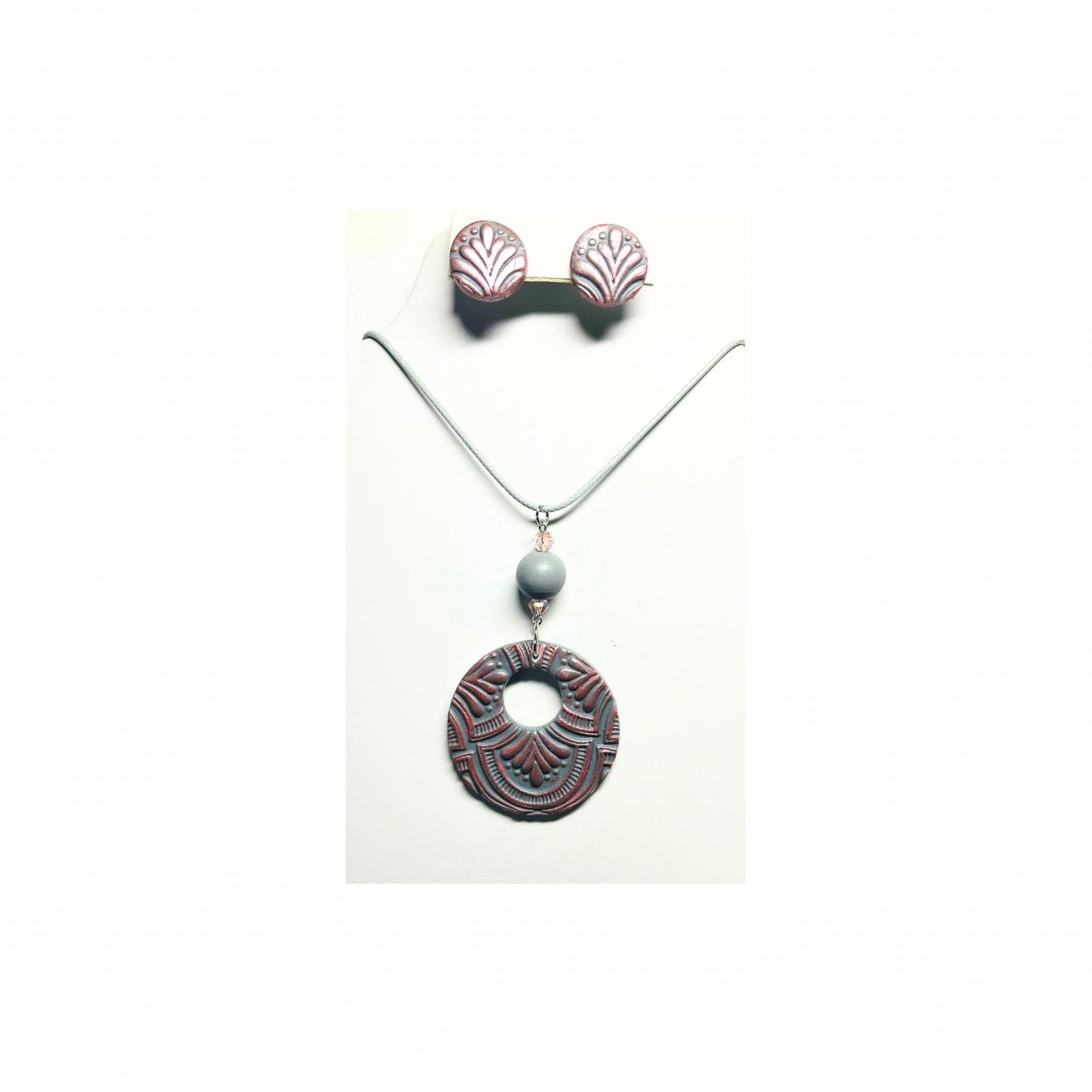 Gray and Pearl Pink Circle Jewelry Pendant and Stud Earring Set with Unique Design and Gray Bead Accent