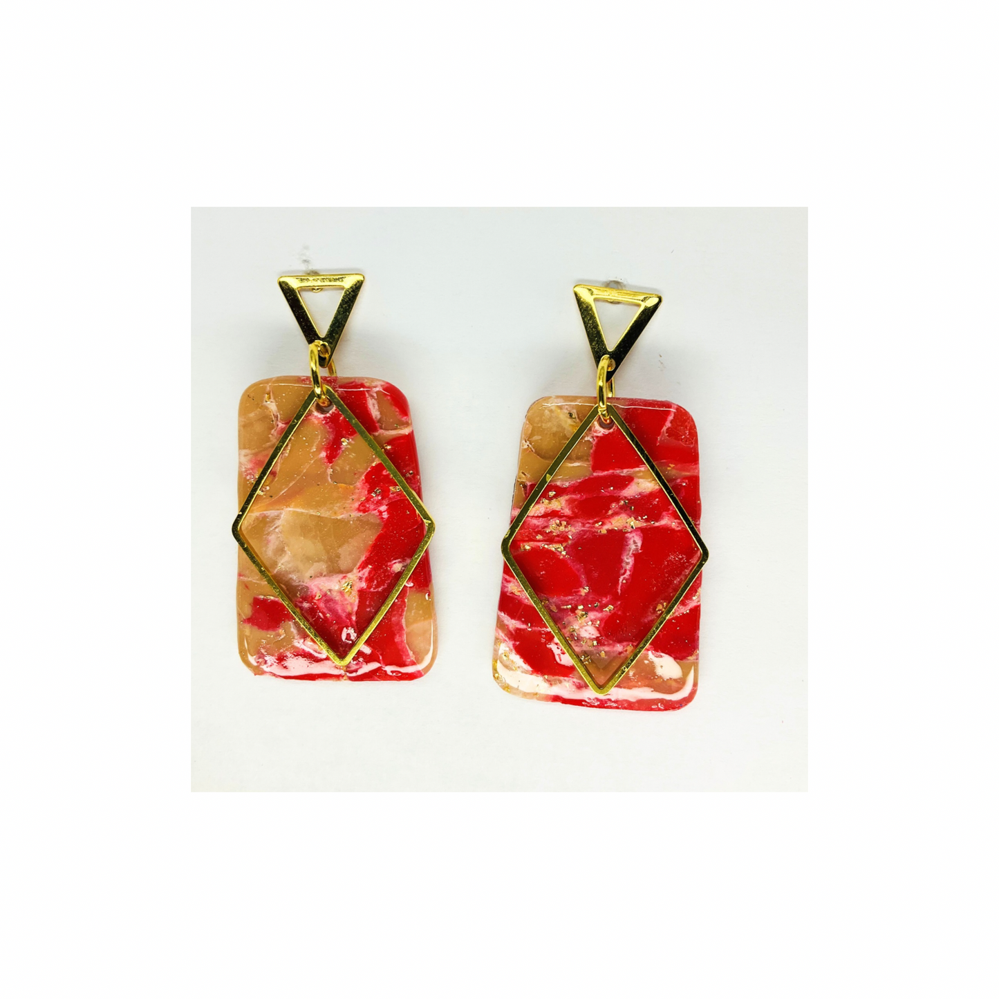 Red and Gold Dangle with Gold Triangle Stud Earrings-Crafting By BB